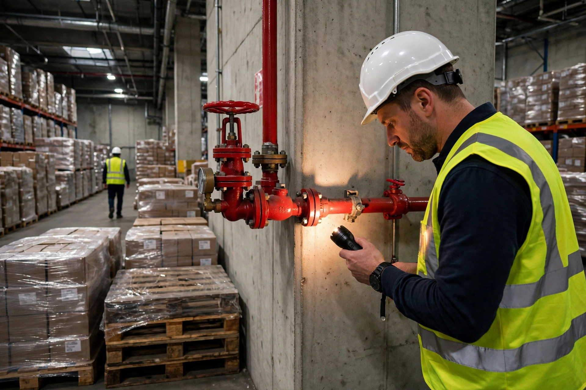 A warehouse fire watch patrolling near sprinkler piping during a shutdown
