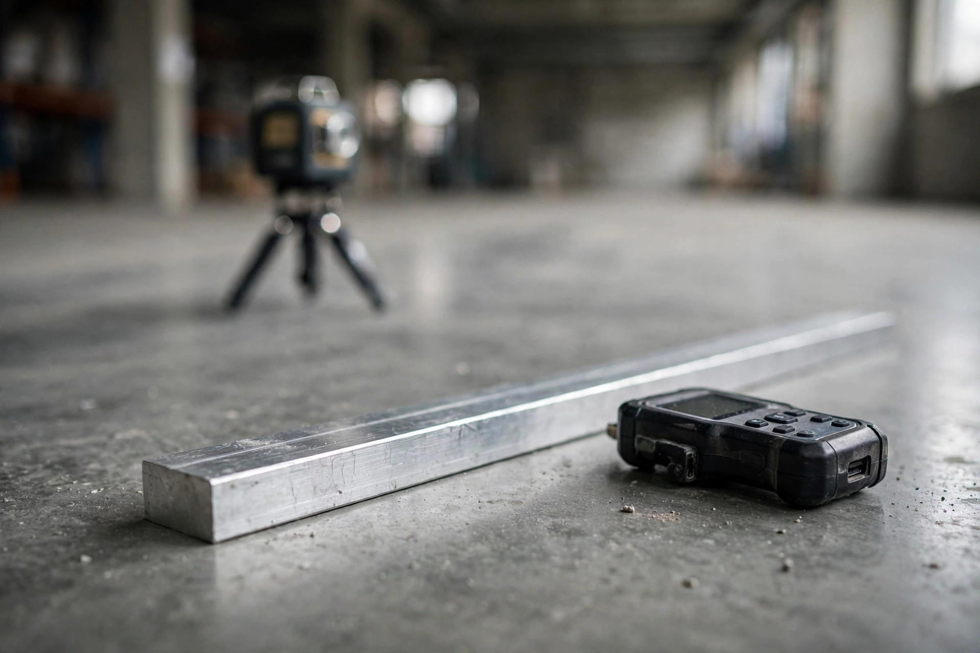 A straightedge and measuring instrument checking warehouse floor flatness