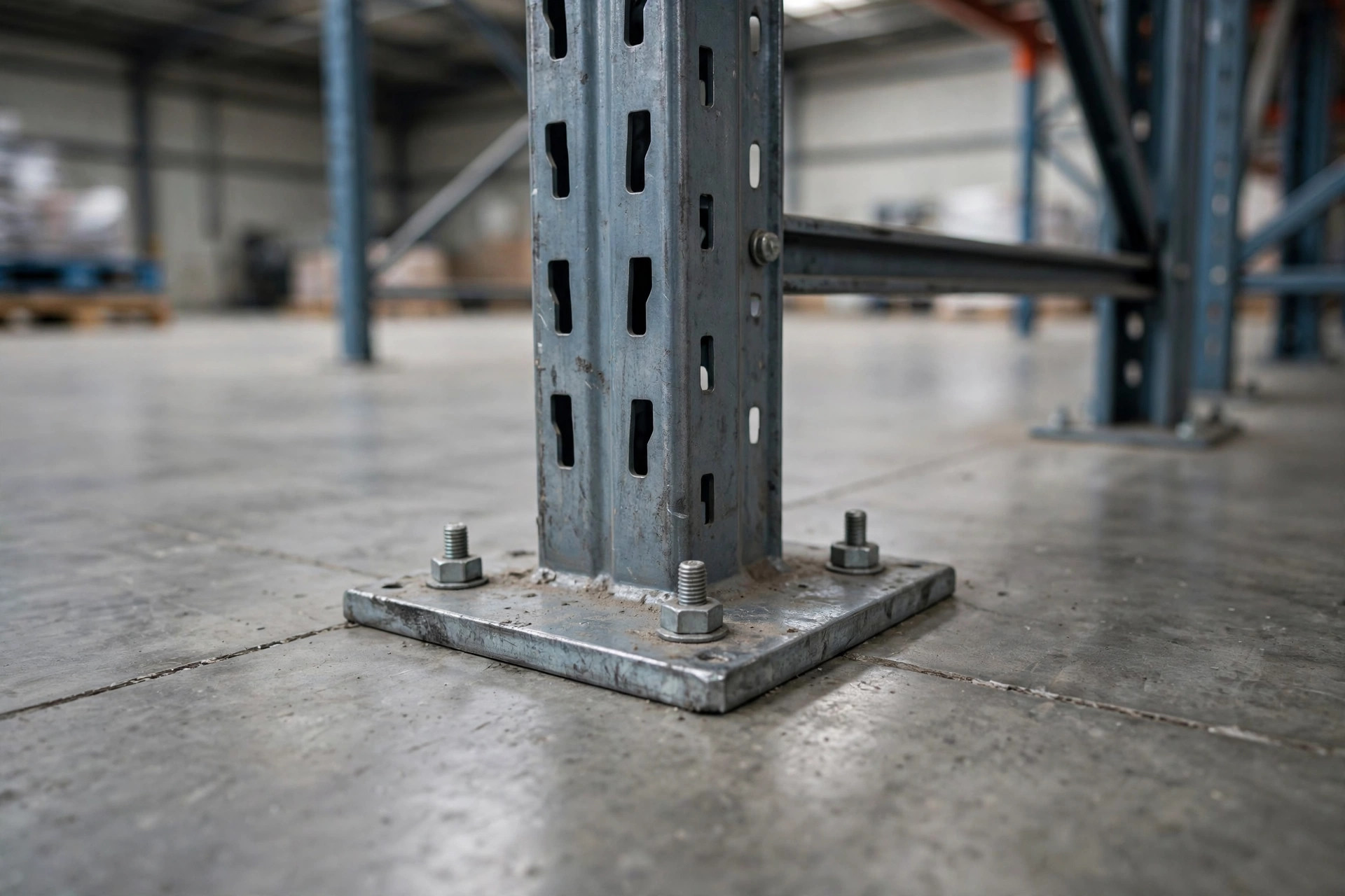 Pallet rack upright baseplate anchored with bolts onto a reinforced concrete floor