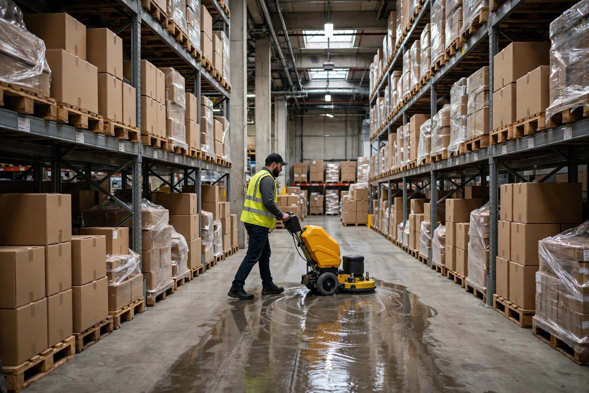 Worker operating a walk-behind floor scrubber in a warehouse aisle