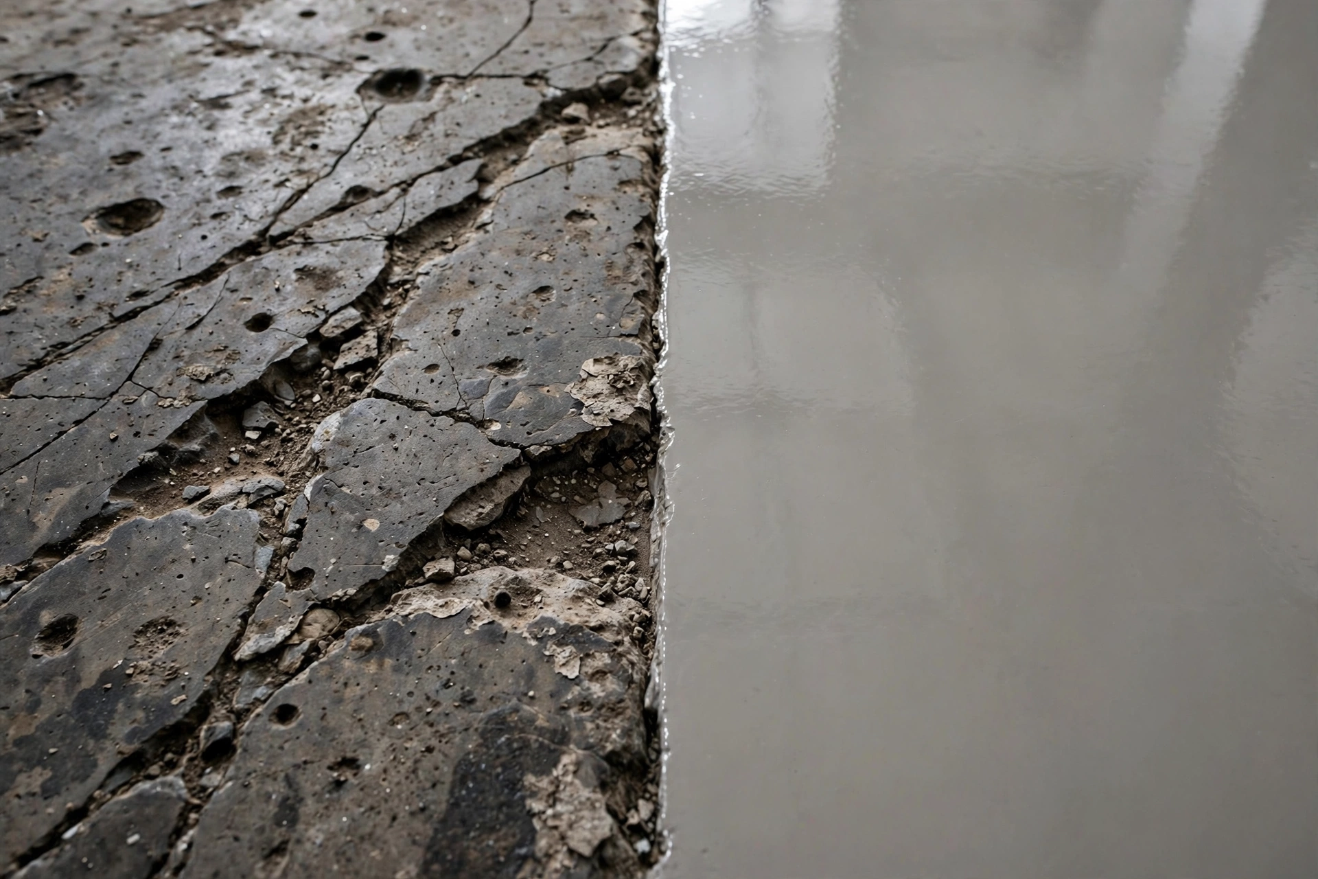 Damaged floor next to intact epoxy flooring