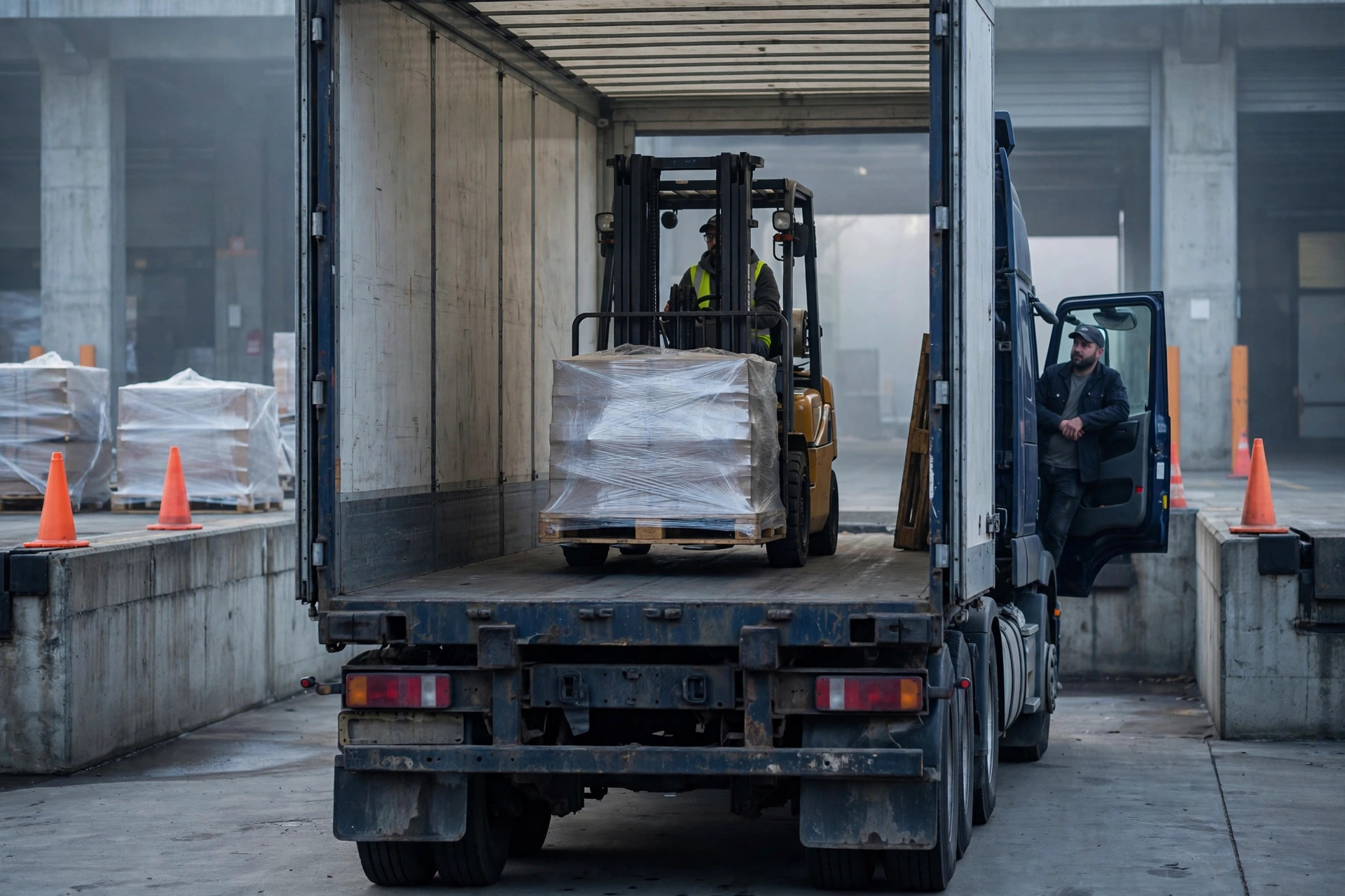 A forklift operator loading pallets into a trailer while the driver waits