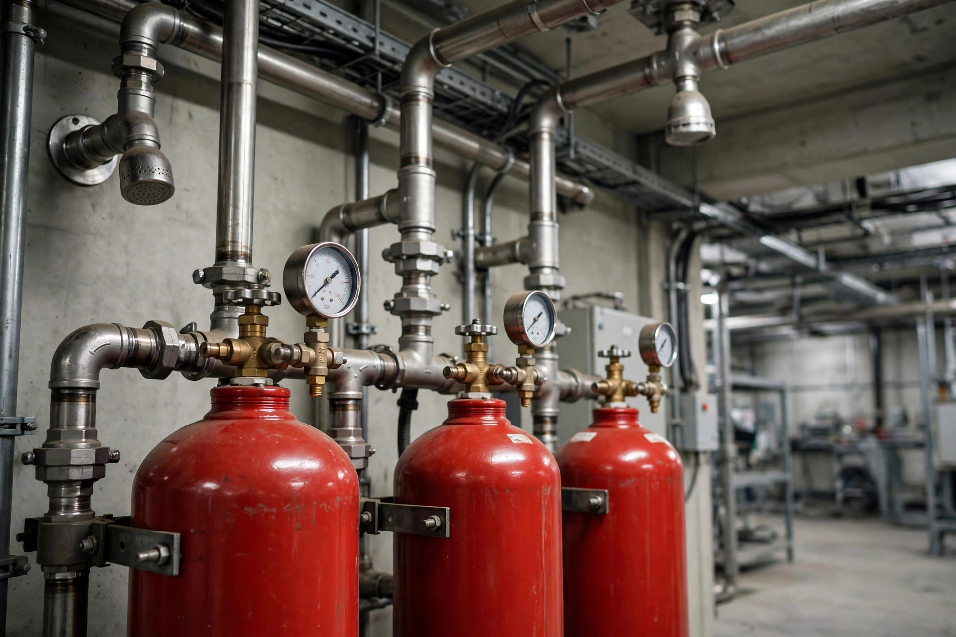 Close-up of gas suppression cylinders, piping and discharge nozzles