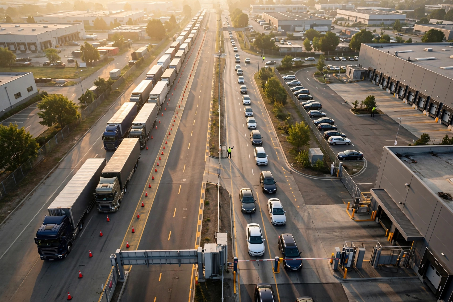 Aerial view of trucks queuing in a dedicated lane at the warehouse gate while employee cars use a separate entrance