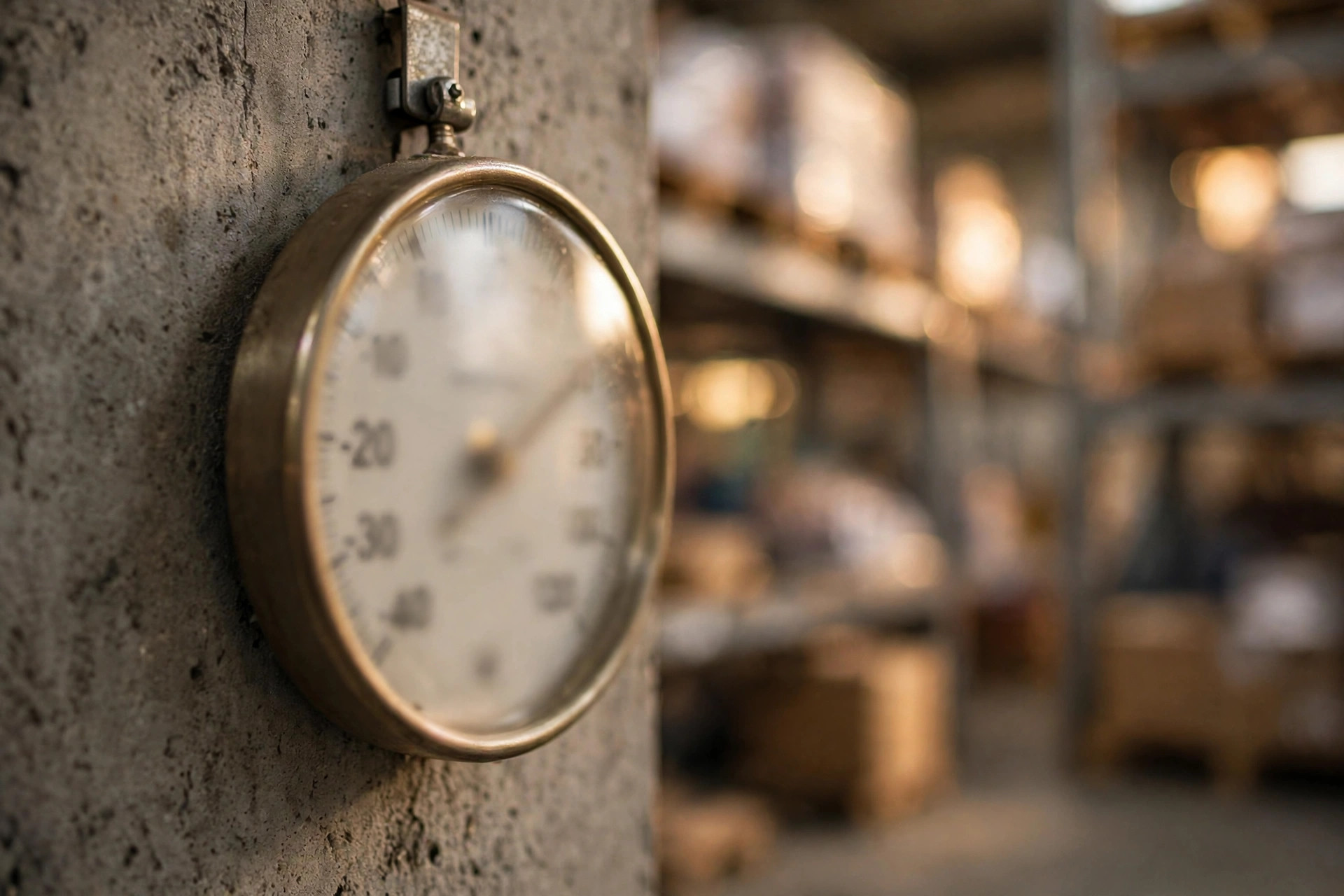 Wall-mounted thermometer in a warehouse