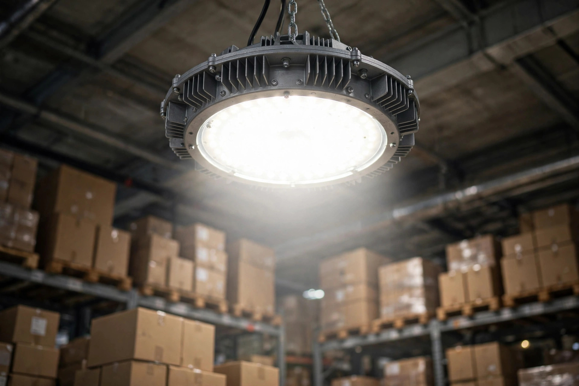Close-up of a high bay LED fixture glowing over warehouse racks