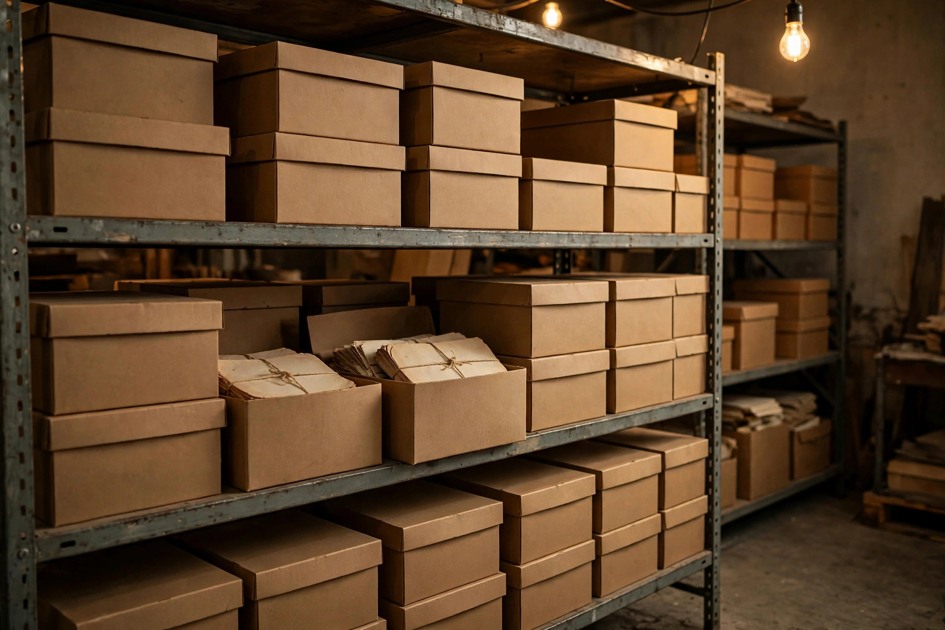 Neatly archived boxes of historical shipping documents on warehouse shelving, warm light
