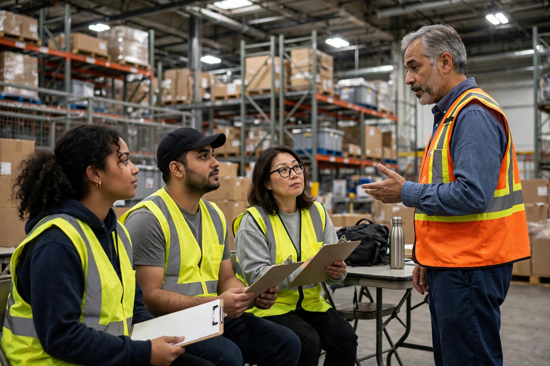 New temp workers at an onboarding session inside a distribution center