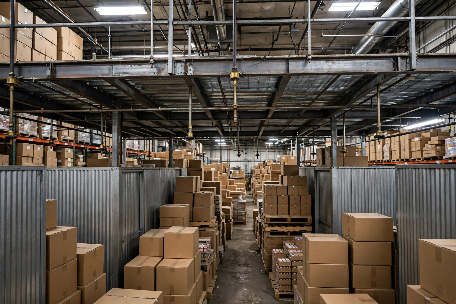 Unauthorized steel mezzanine and partition rooms inside a warehouse, evacuation aisle blocked by goods