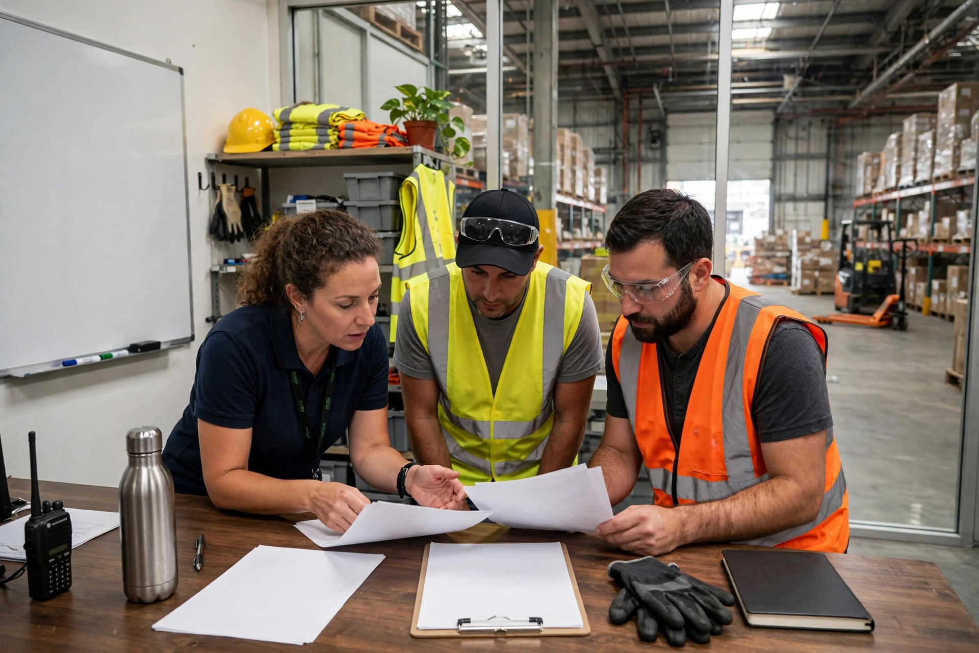 Un supervisor de almacén revisando horarios de turnos y documentos de personal con trabajadores en la oficina del almacén