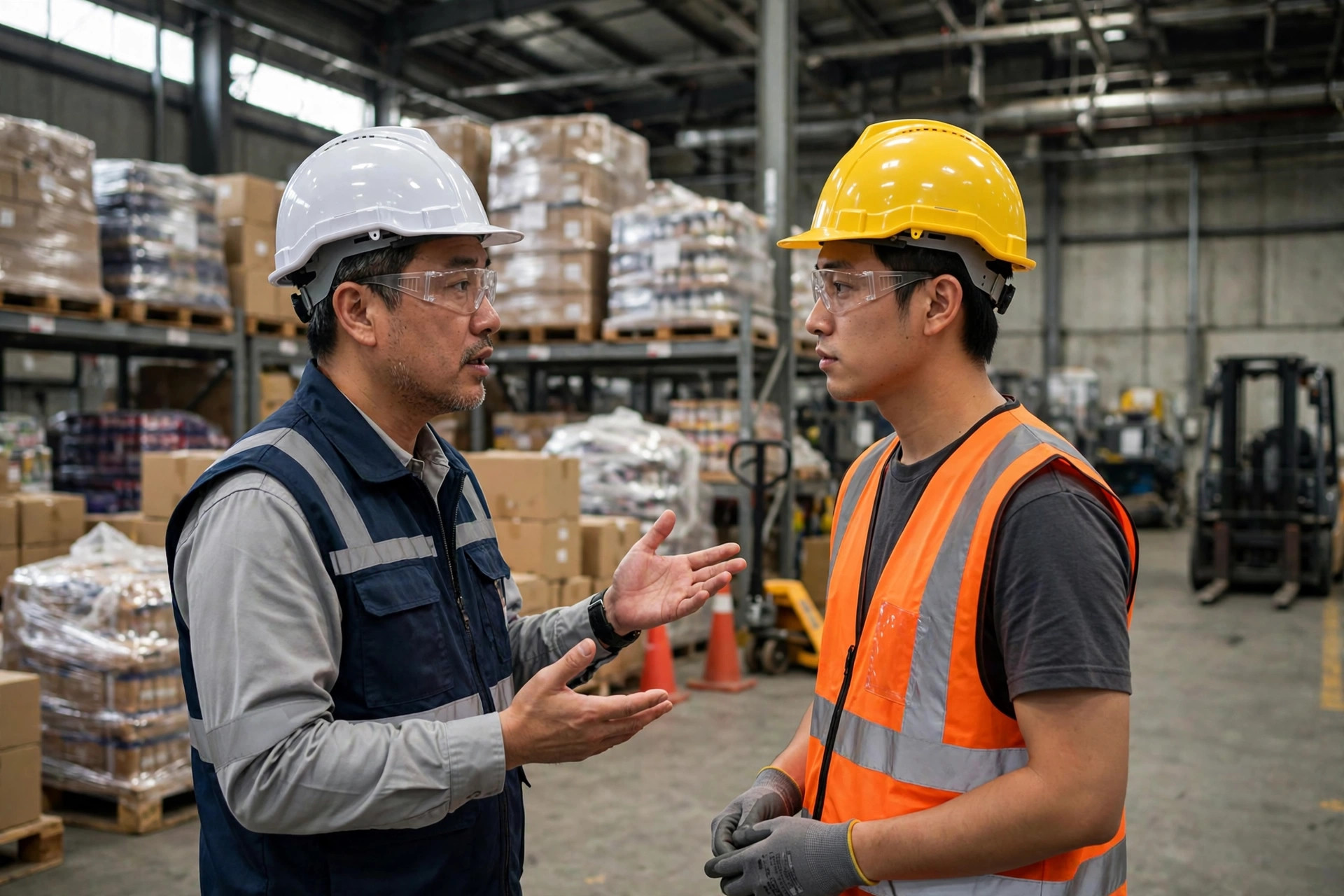 Warehouse supervisor discussing safety on the floor