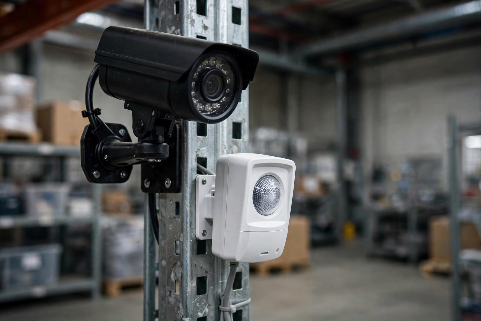 A security camera and motion sensor mounted on a warehouse rack