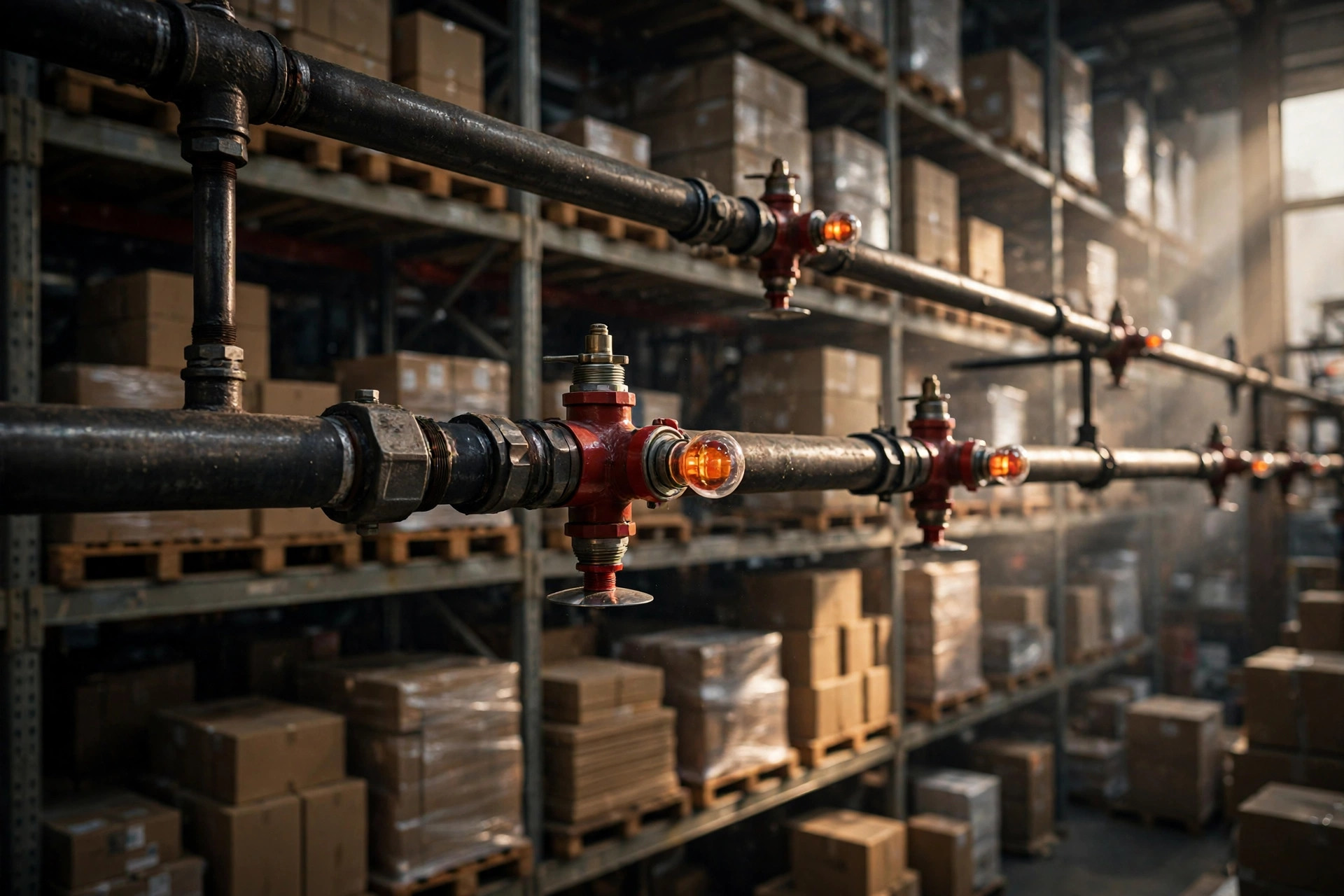 Gros plan sur la tuyauterie de sprinklers anti-incendie au-dessus de hauts rayonnages de stockage d'entrepôt