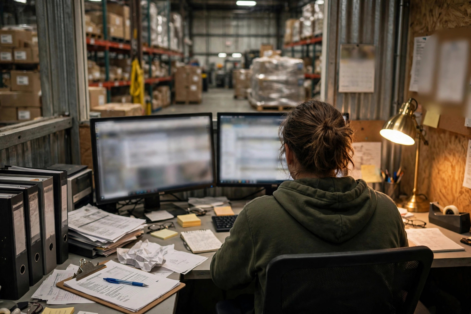 Warehouse employee reconciling inventory reports at a desk