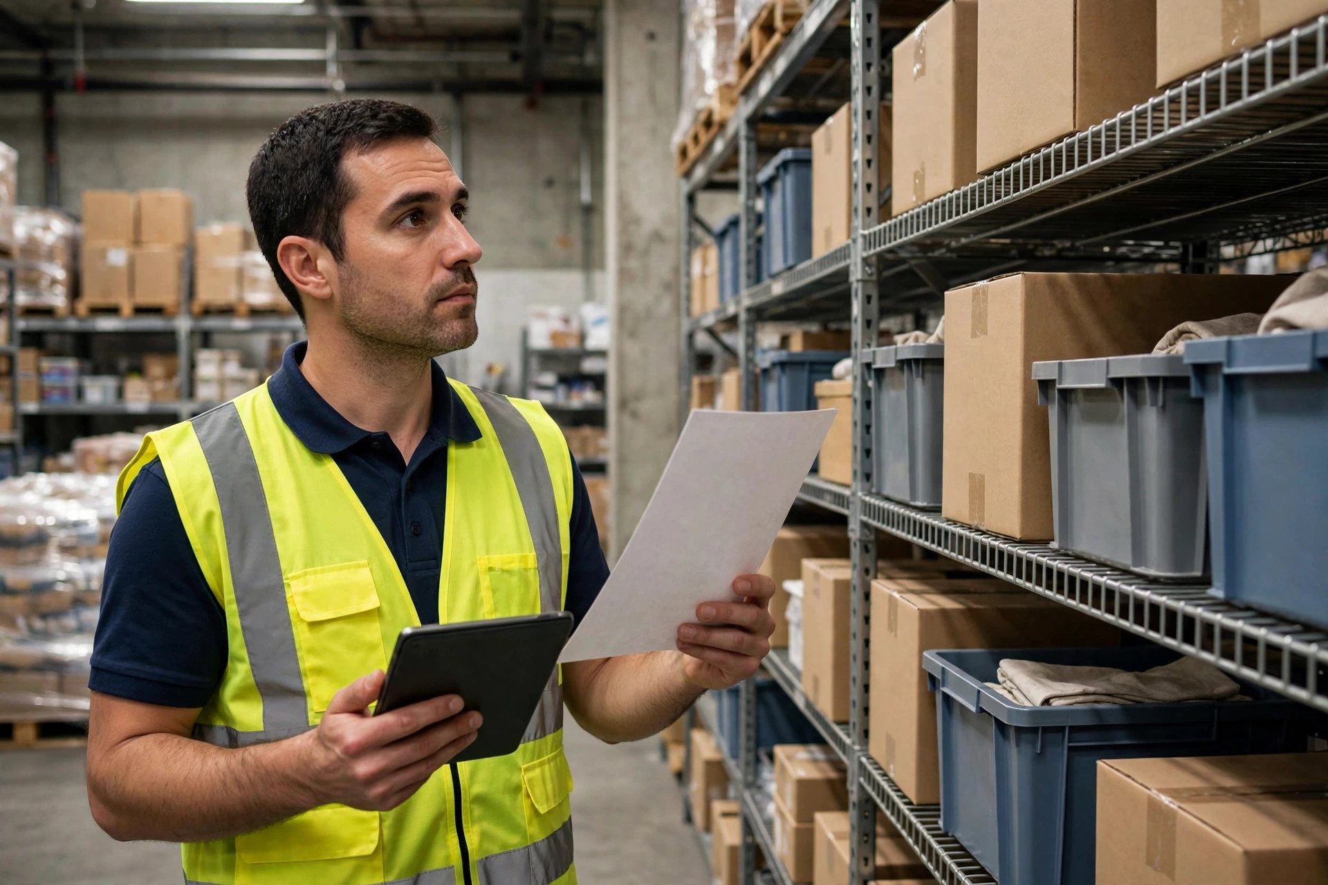 Warehouse worker reconciling inventory records against shelf stock