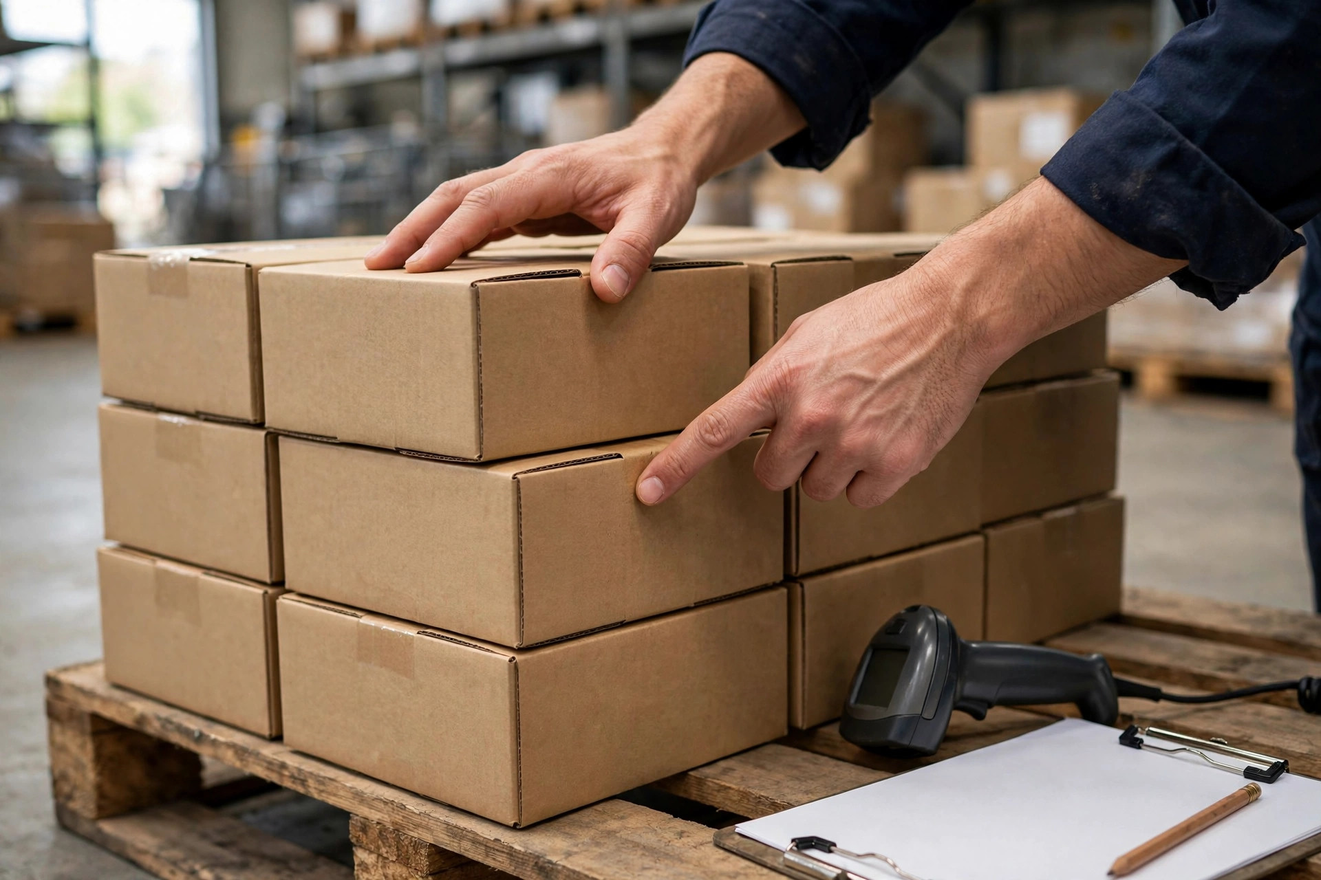Worker recounting cartons on a pallet to verify physical quantity