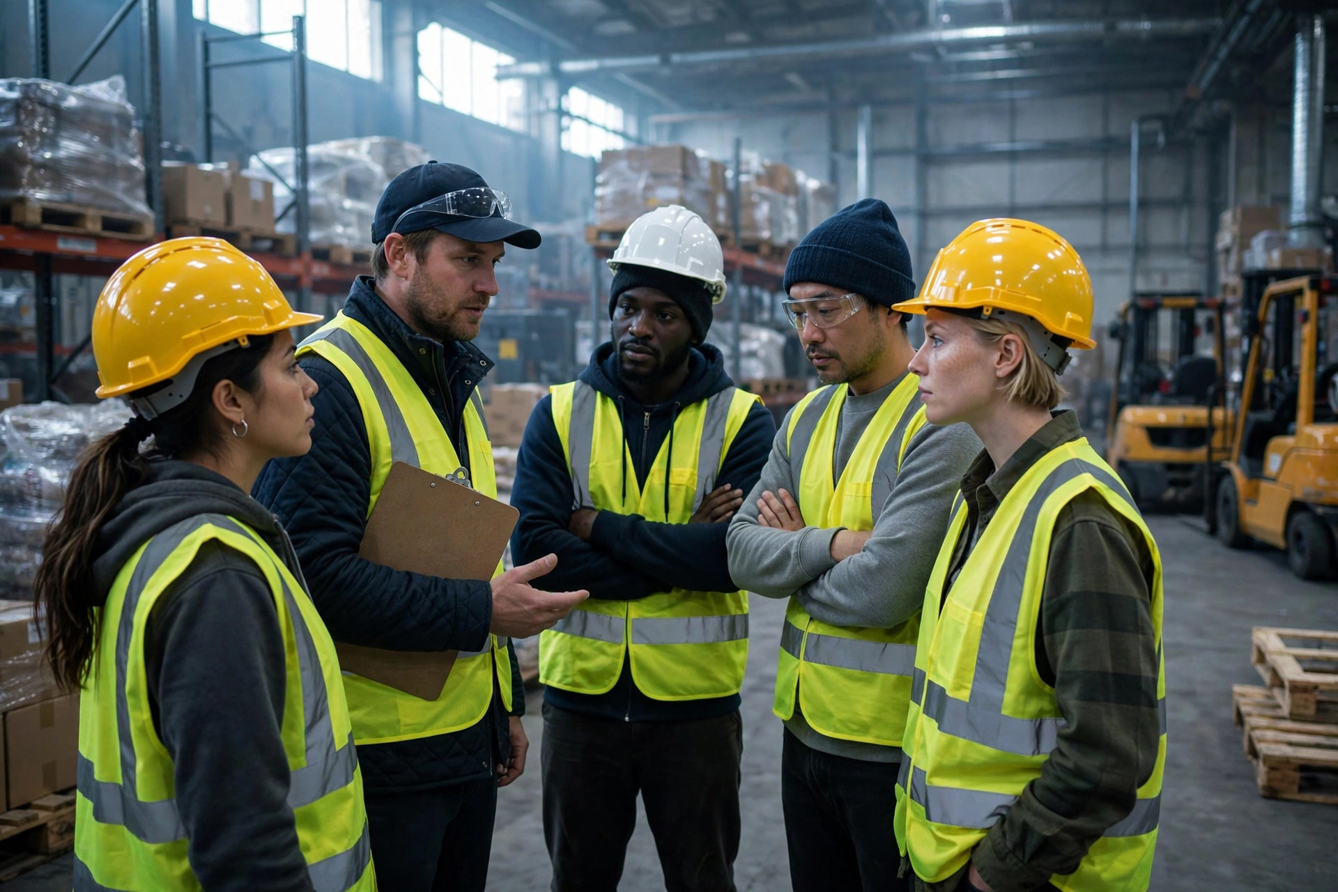 Warehouse team huddle at shift start