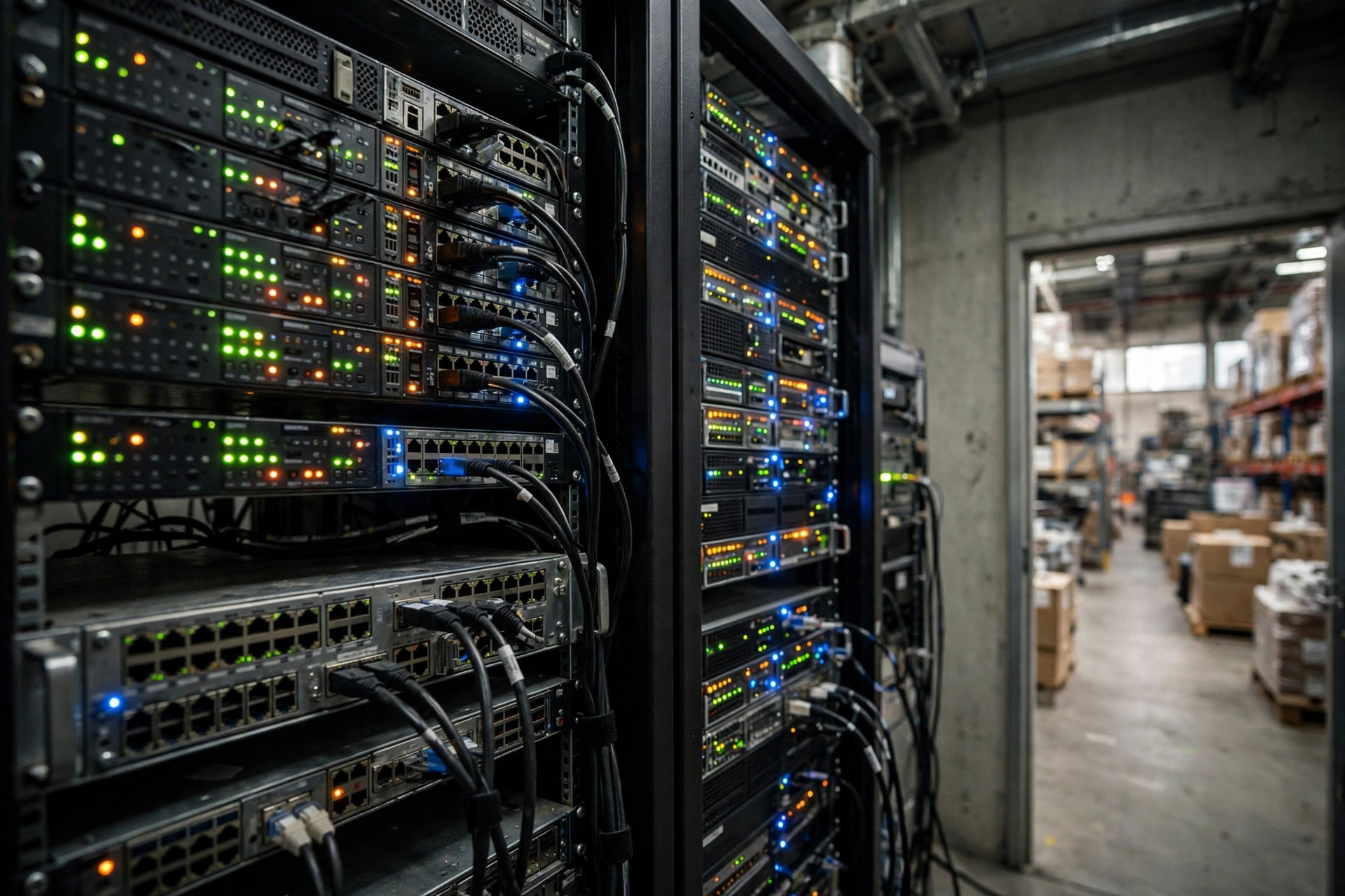 Server racks in a warehouse IT room