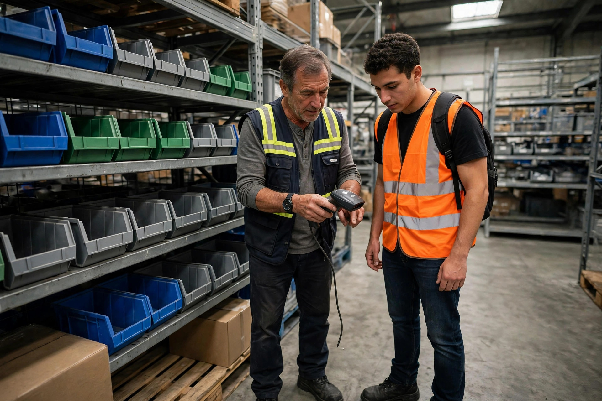 An experienced warehouse worker training a new hire on using a handheld barcode scanner at a pick face