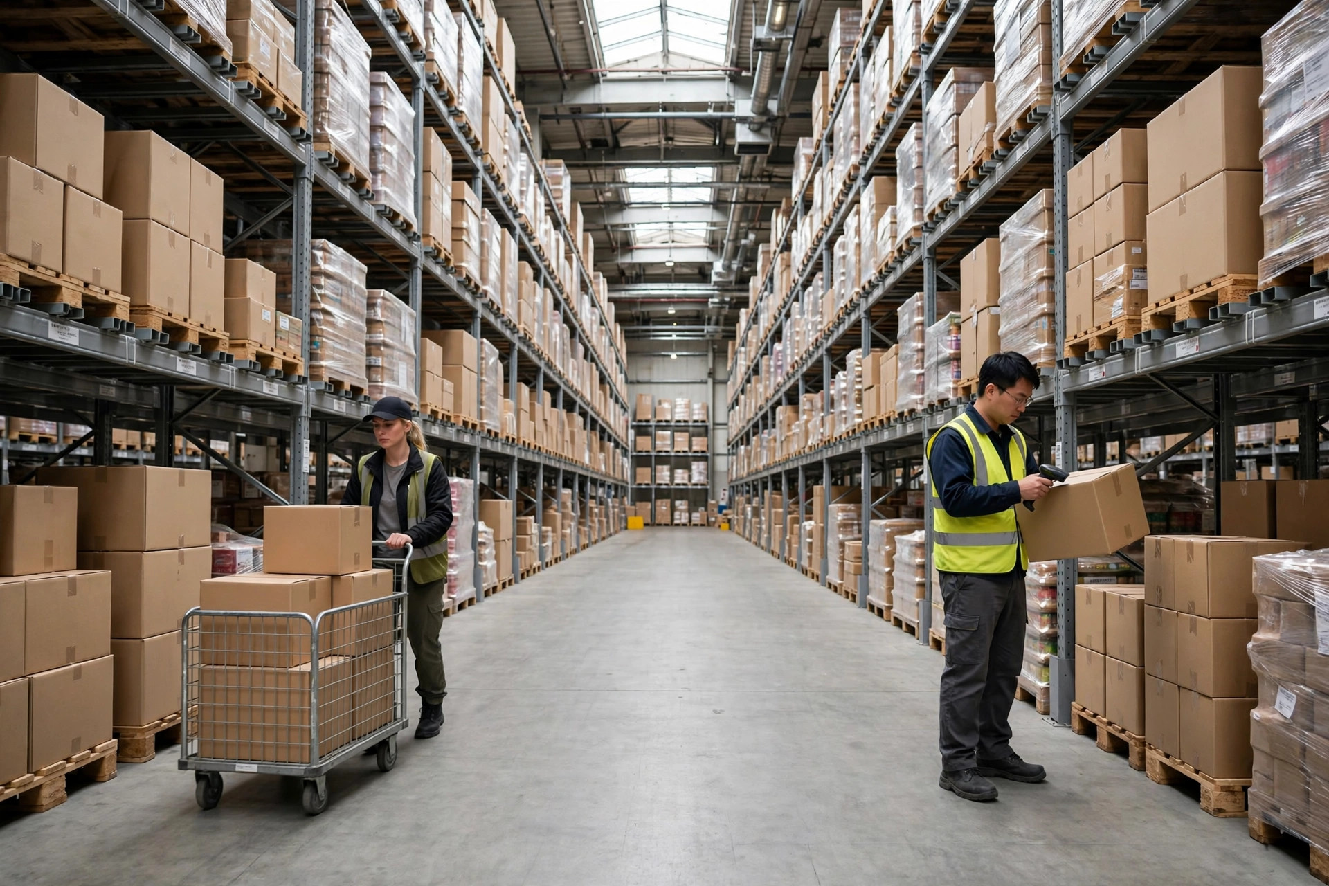 Warehouse main aisle and picking zone in operation