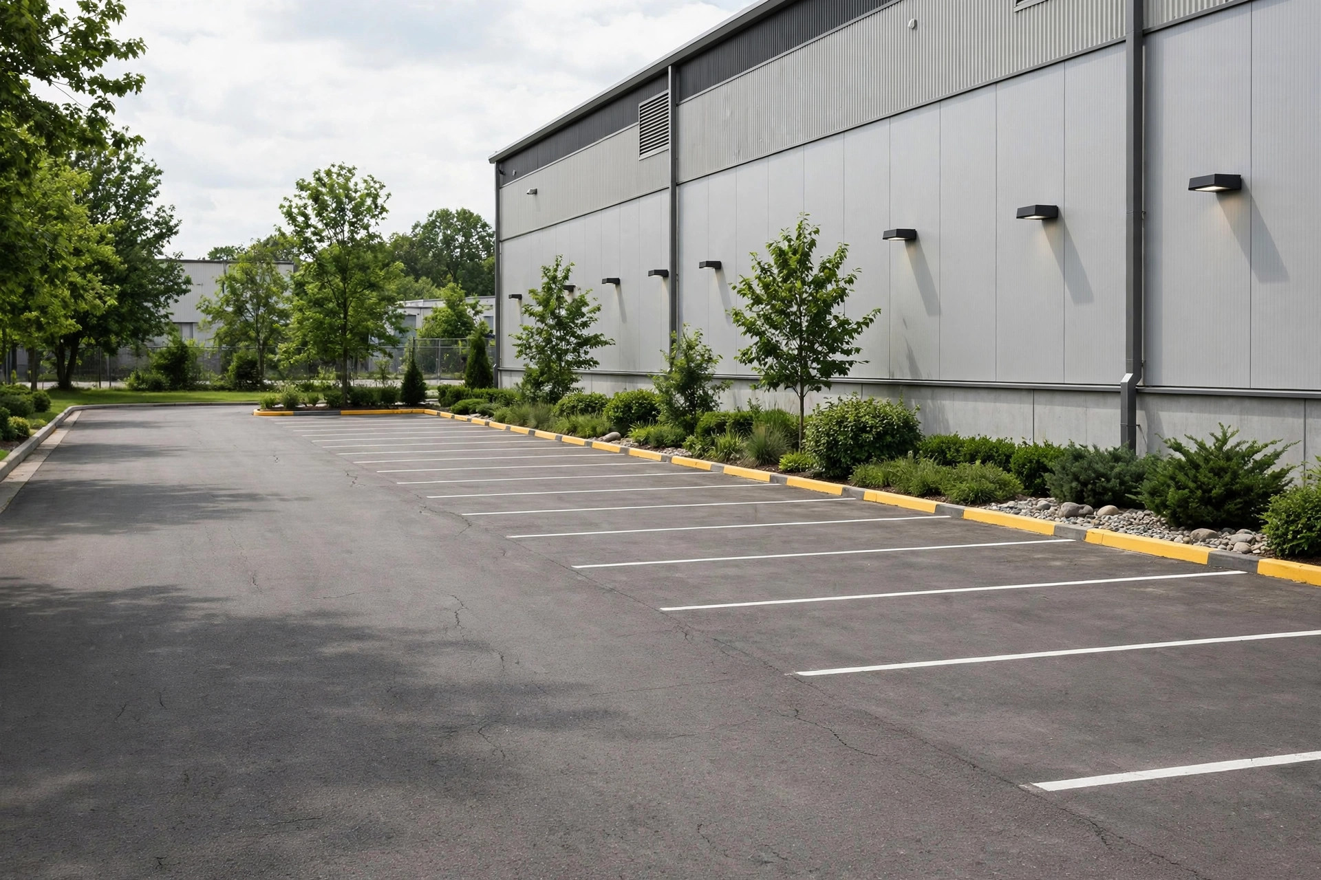 Warehouse building exterior with common-area parking lot