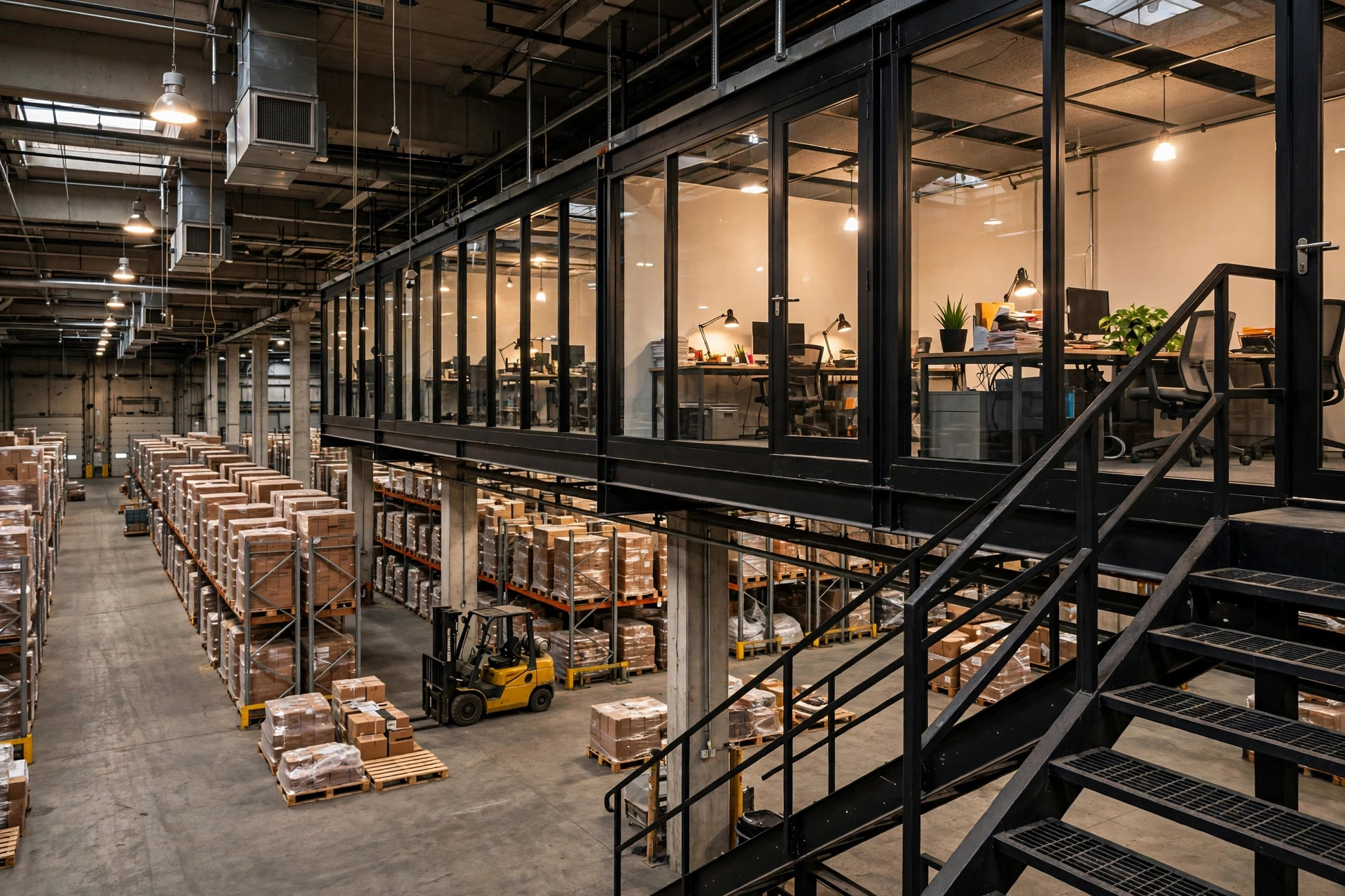 Intérieur d'entrepôt avec mezzanine de bureaux à parois vitrées et escalier au-dessus du sol de l'entrepôt