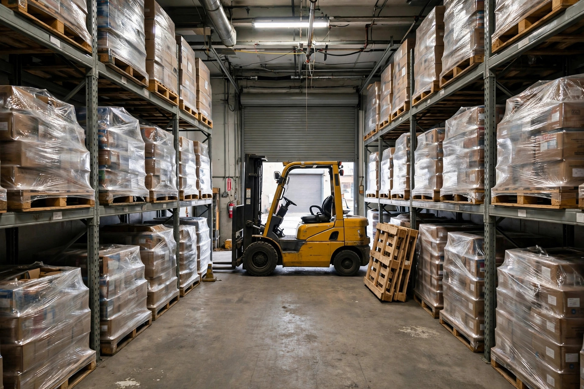 Small warehouse interior with pallet racking and forklift in operation