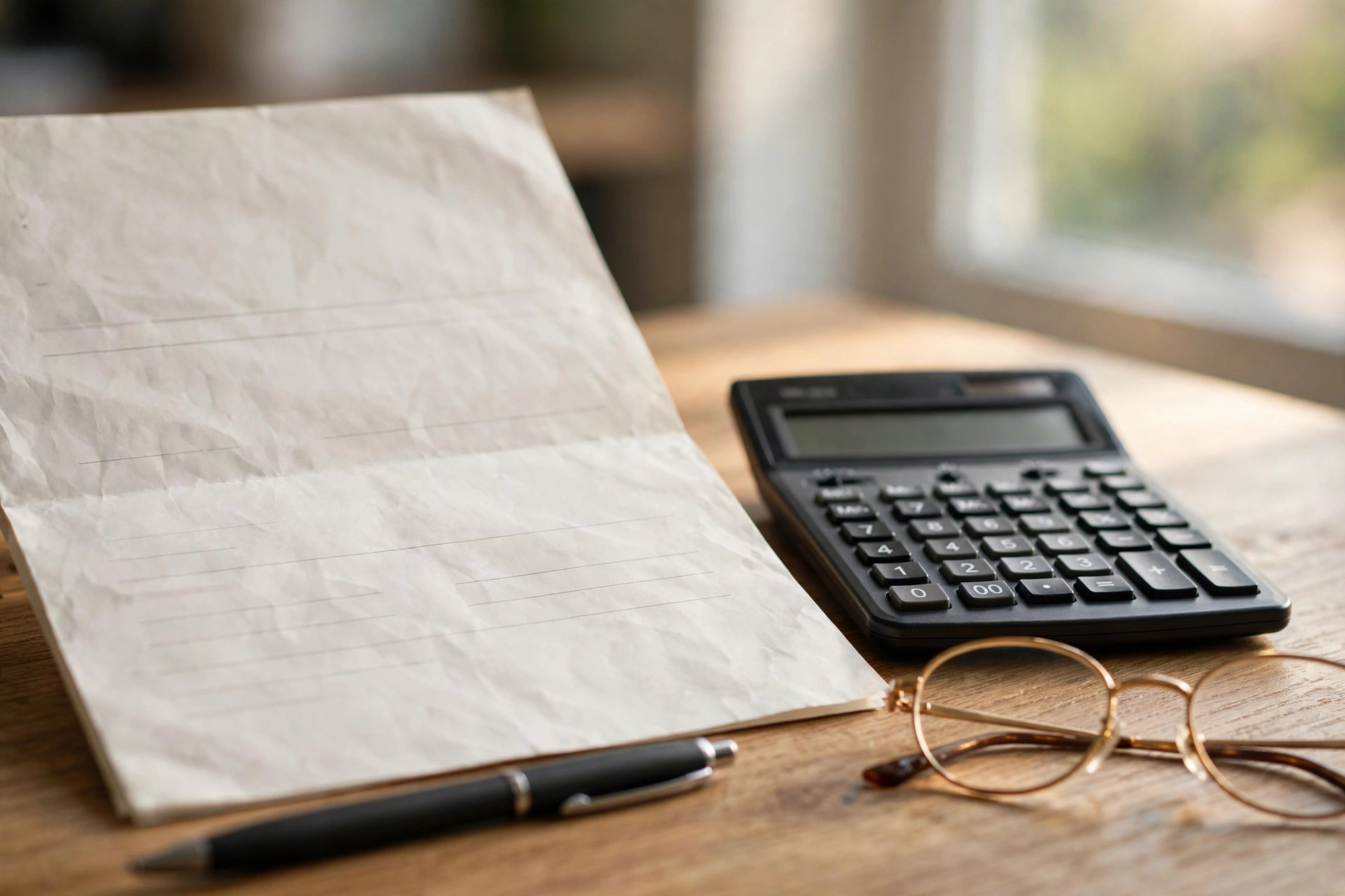 Lease document and calculator on an office desk