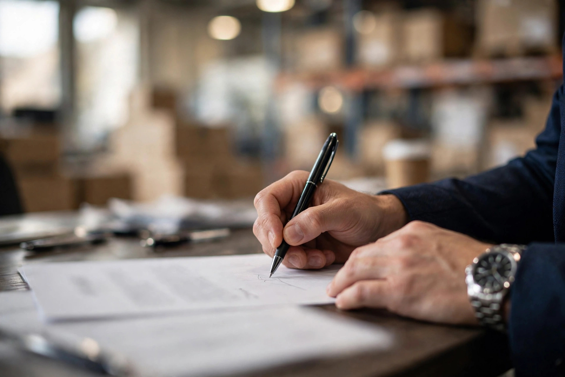 Signature d'un bail d'entrepôt sur un bureau dans un bureau d'entrepôt