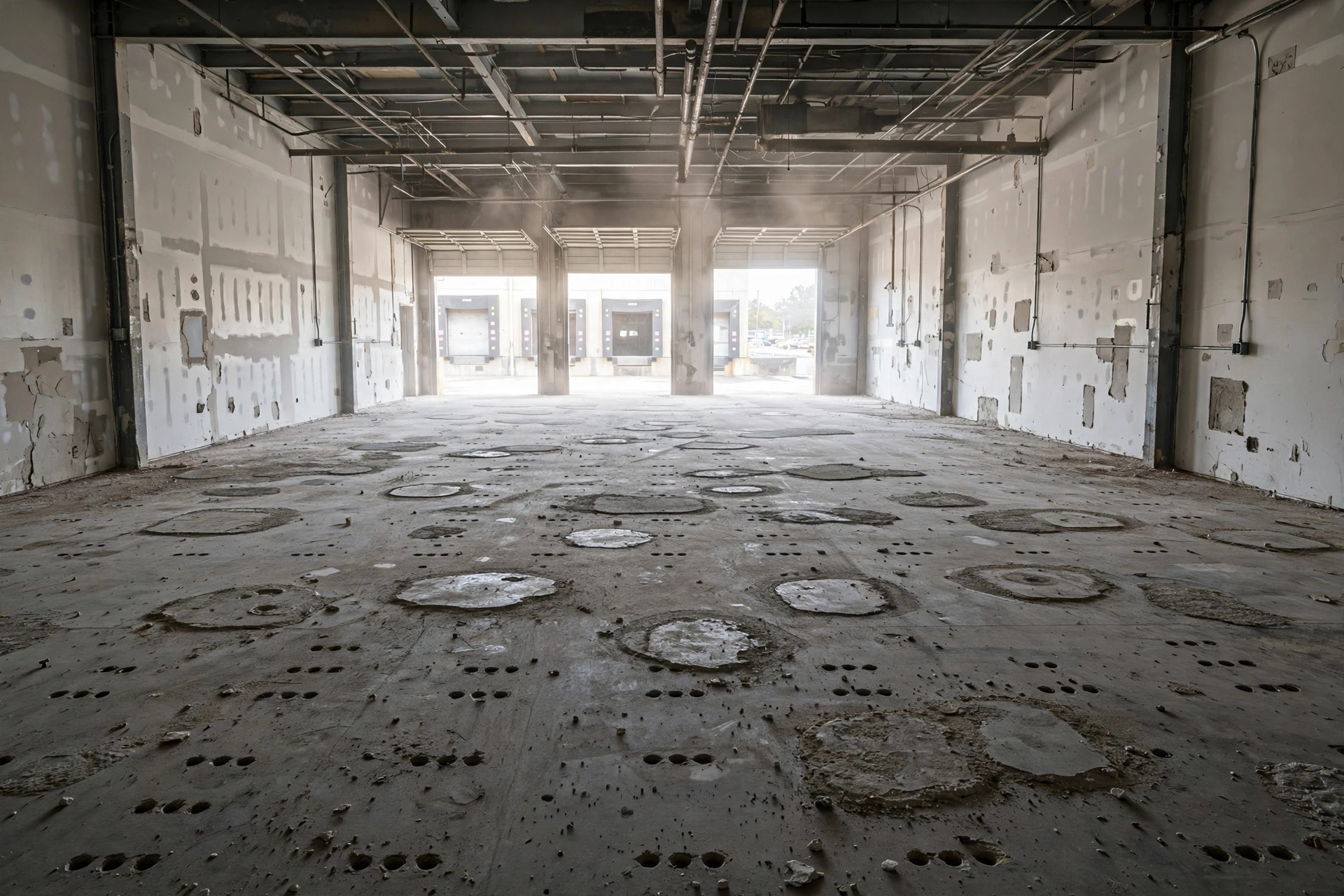 Losa de almacén despejada con agujeros de pernos de anclaje a la espera de restauración