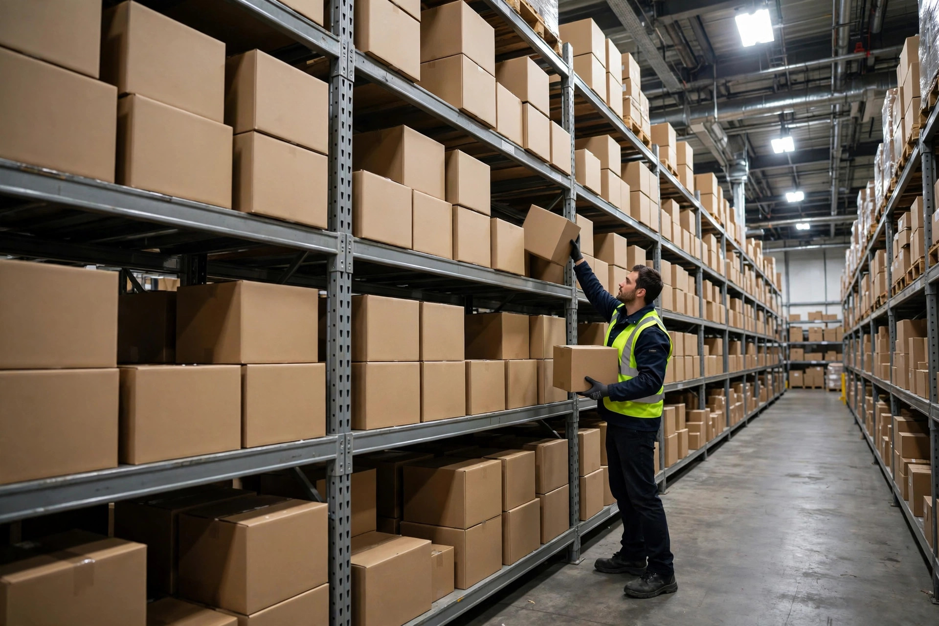 A worker picking goods in a racking aisle under bright overhead lighting