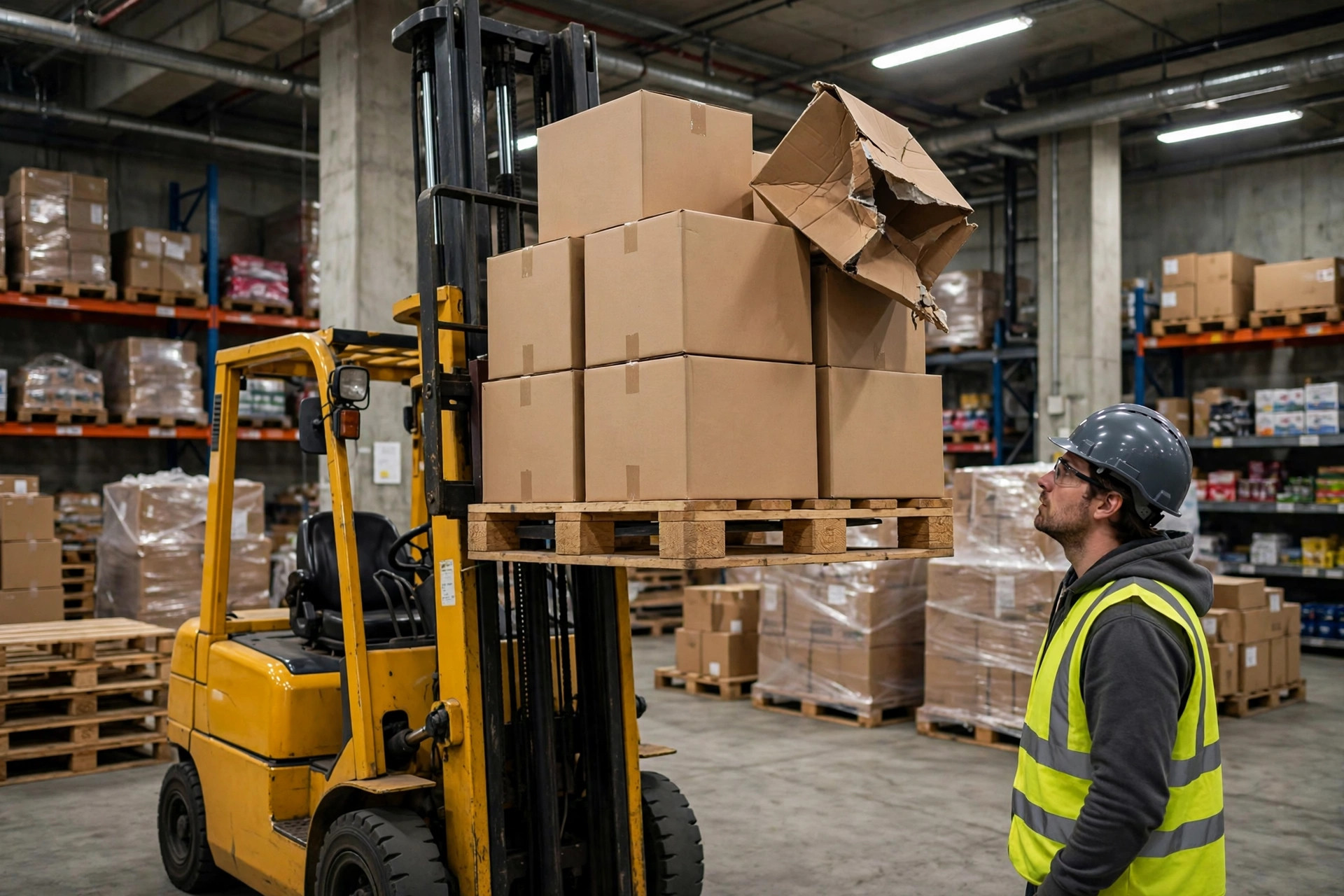 Forklift lifting a pallet with a damaged carton while a worker inspects