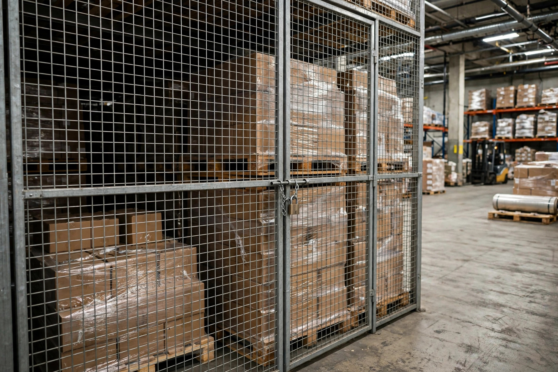 Caged high-value storage area inside a warehouse with pallets behind wire mesh security fencing