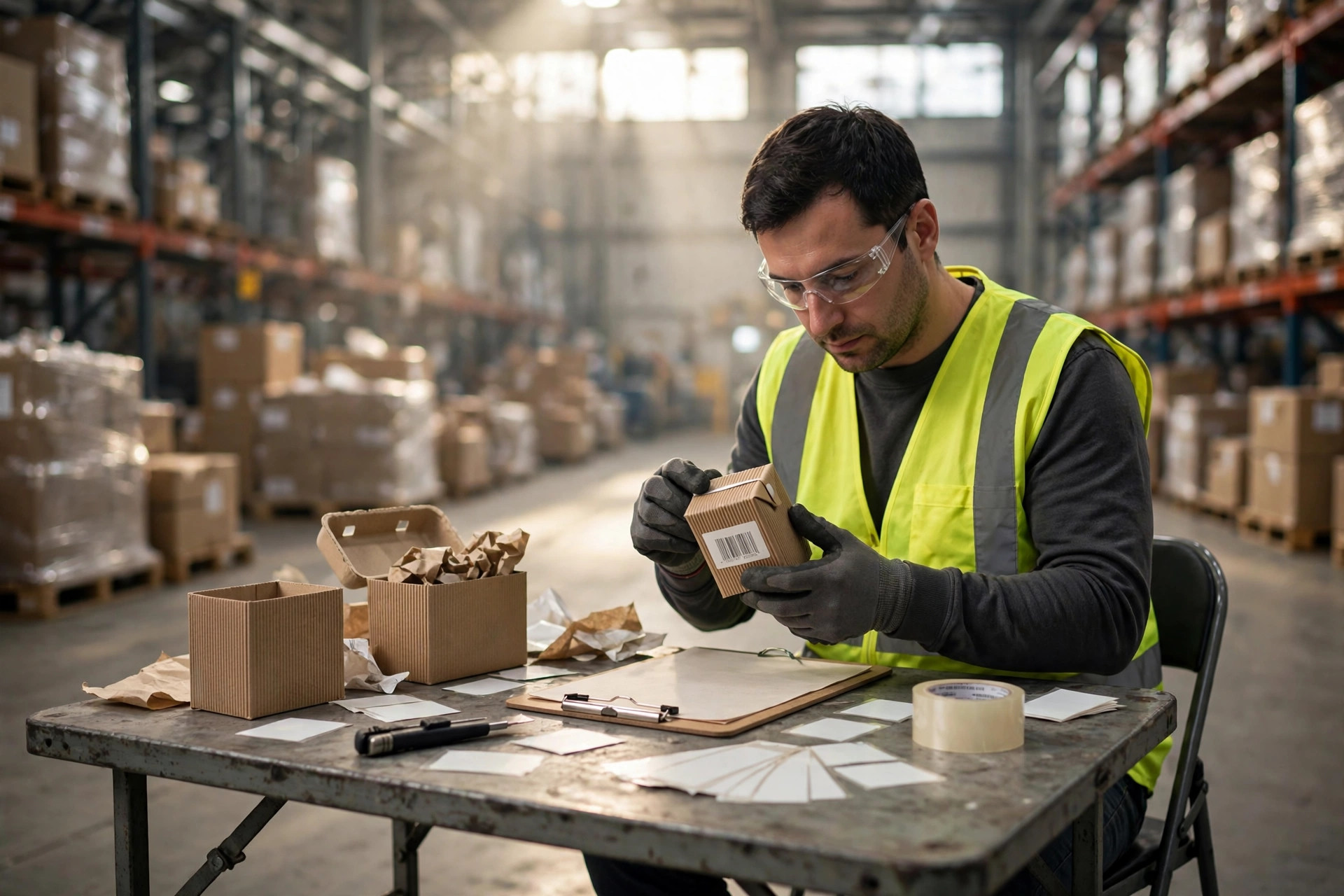 Seated light-duty quality check work at a warehouse inspection station