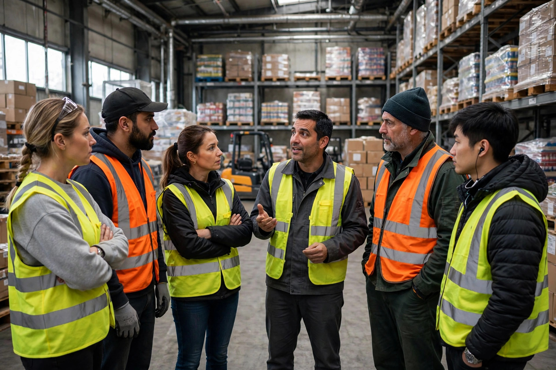 Time-study in a warehouse: an engineer records pick times with a stopwatch beside a racking aisle