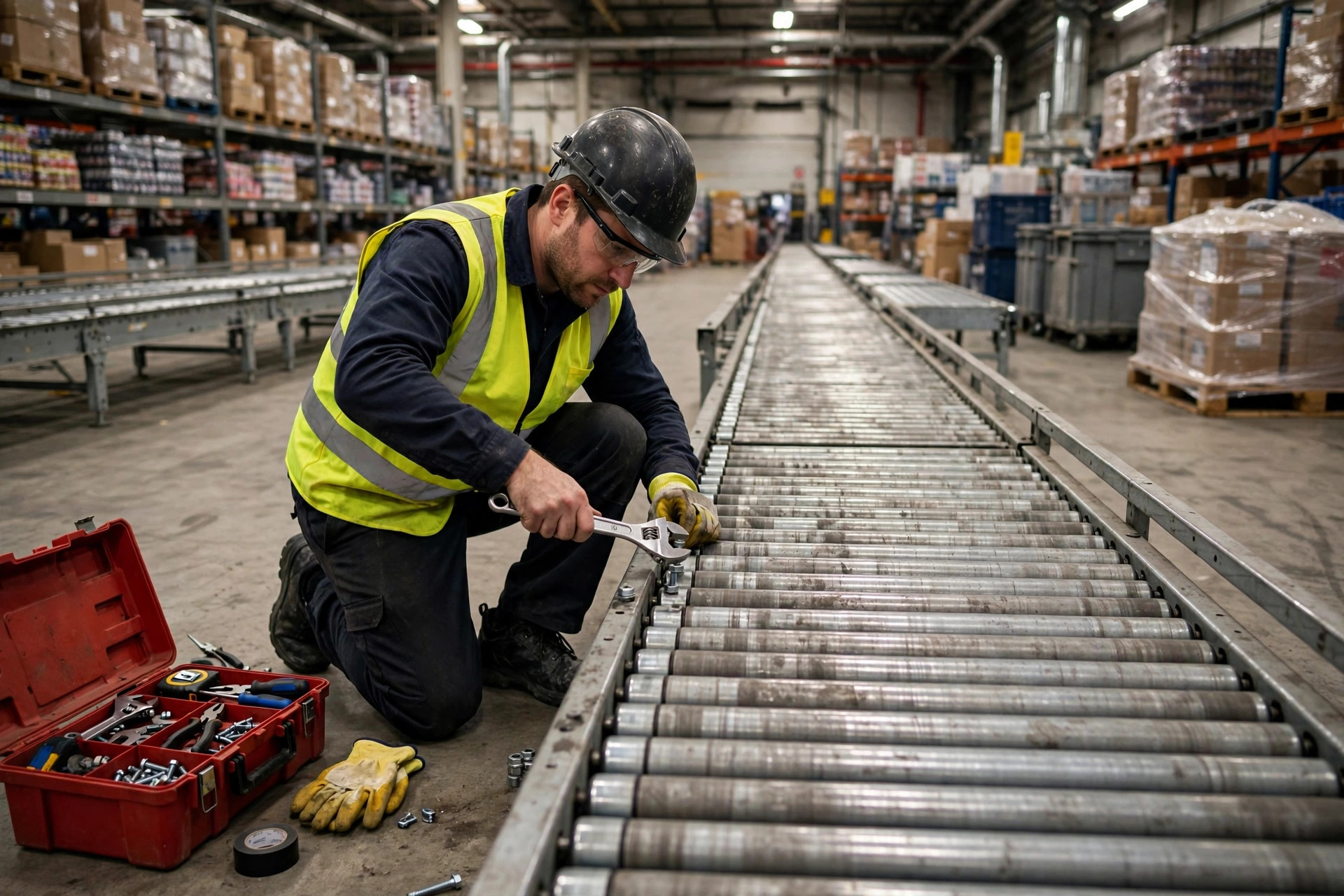 Maintenance technician tightening conveyor roller bolts in a warehouse