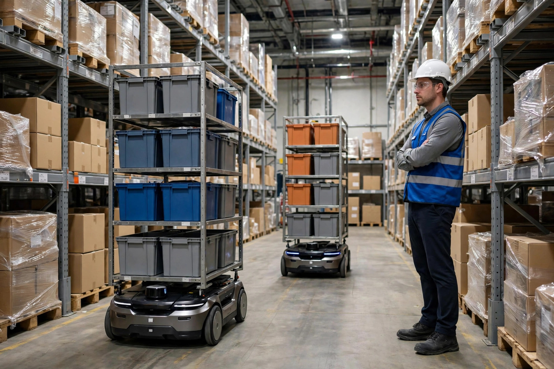 AMRs traveling autonomously in warehouse aisles