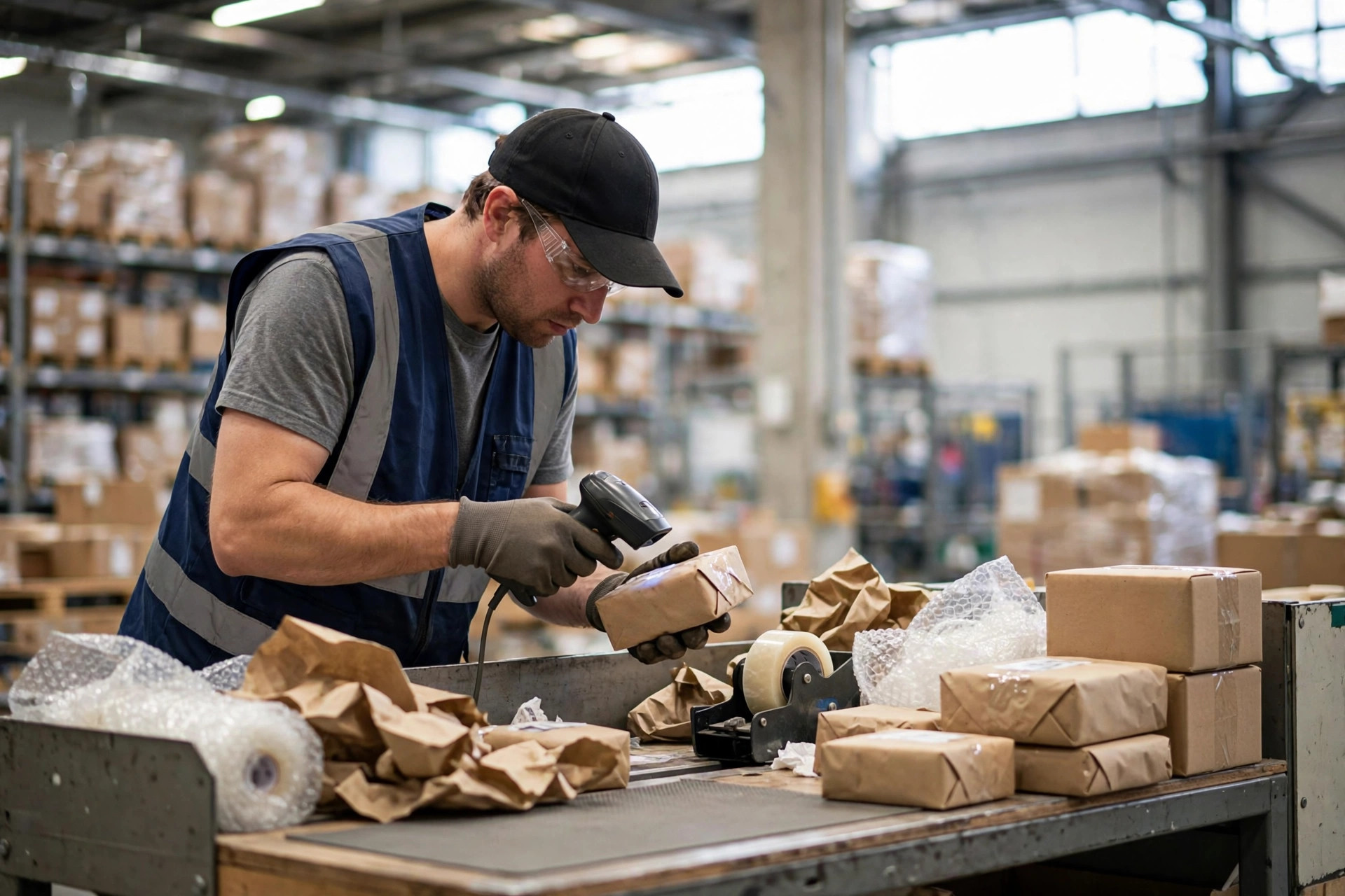 Injured worker on light duty scanning small parcels at a packing station