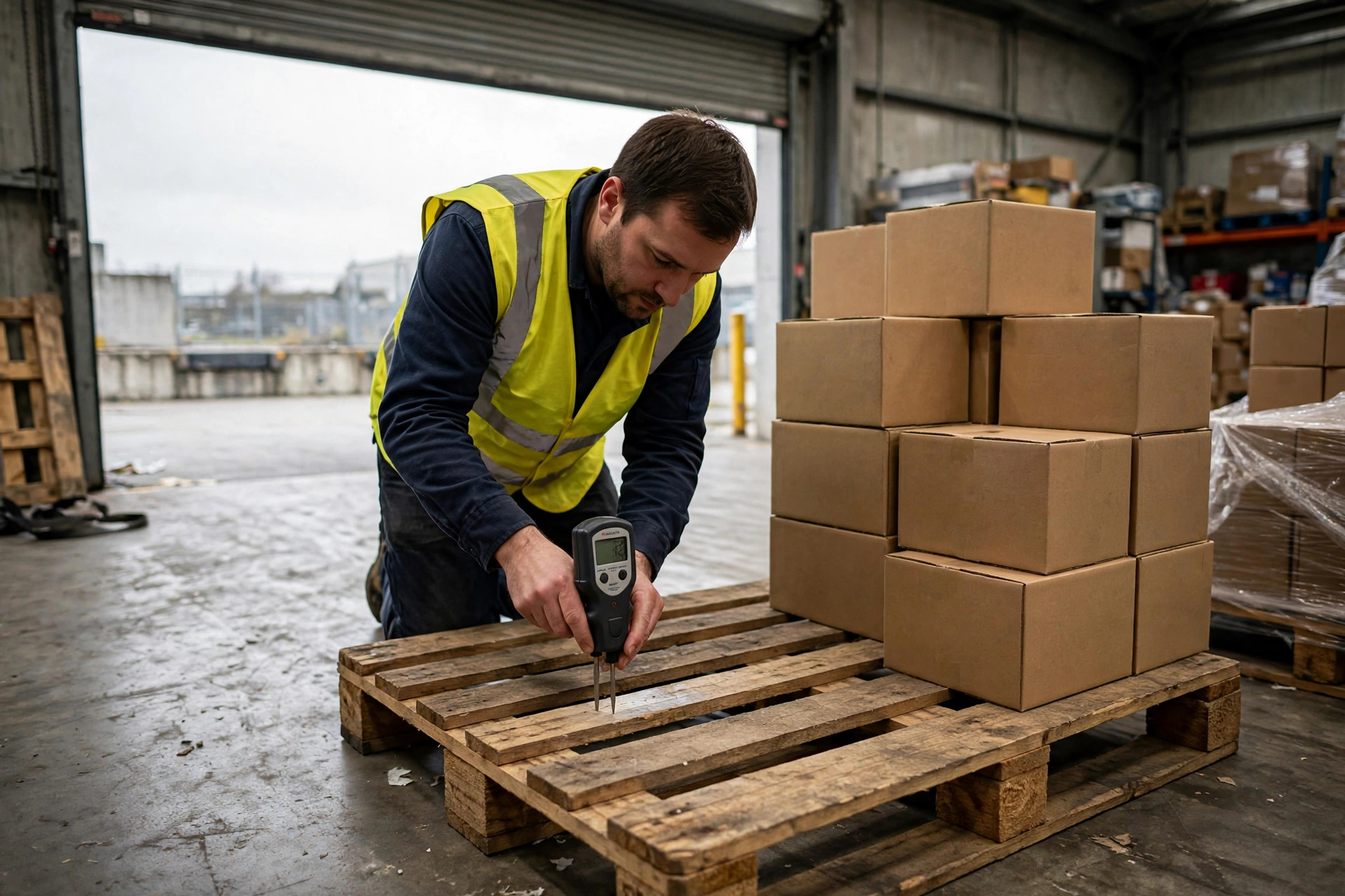 Warehouse worker checking pallet moisture with a pin-type meter at the receiving dock