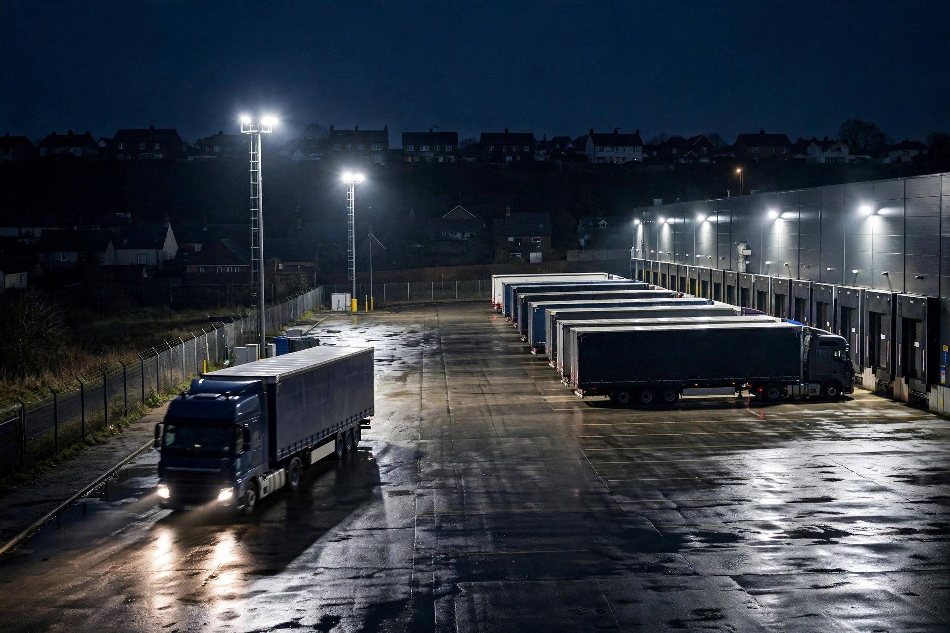 Nighttime warehouse yard lighting with trucks queued at docks
