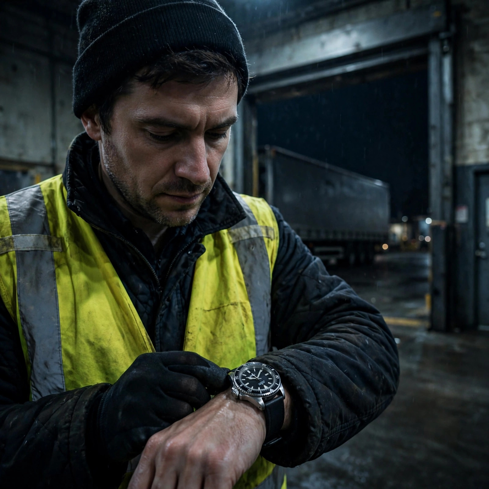 Workers on a brightly lit sortation line inside a warehouse at night