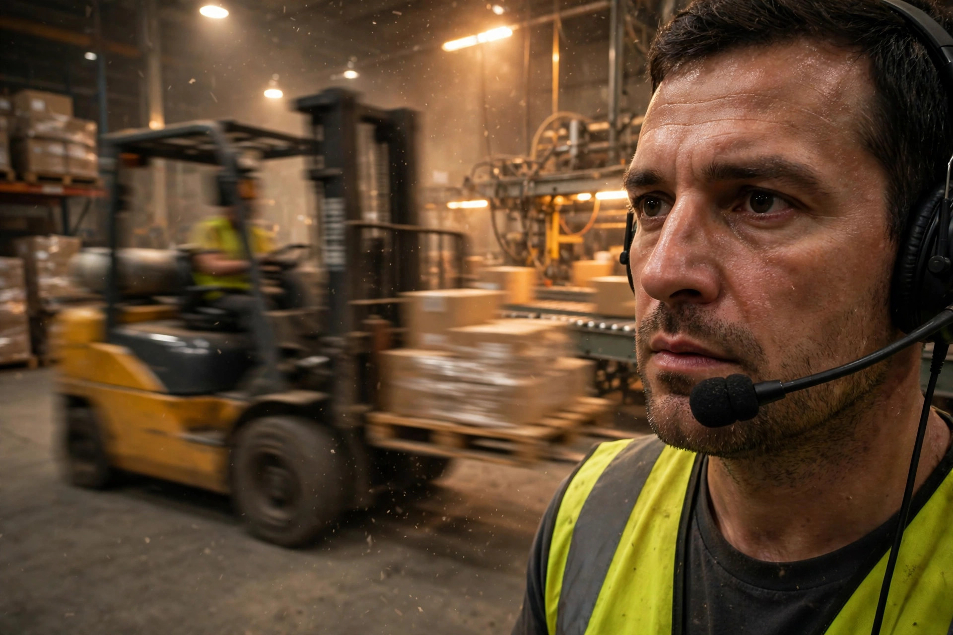 Warehouse floor with worker wearing a headset