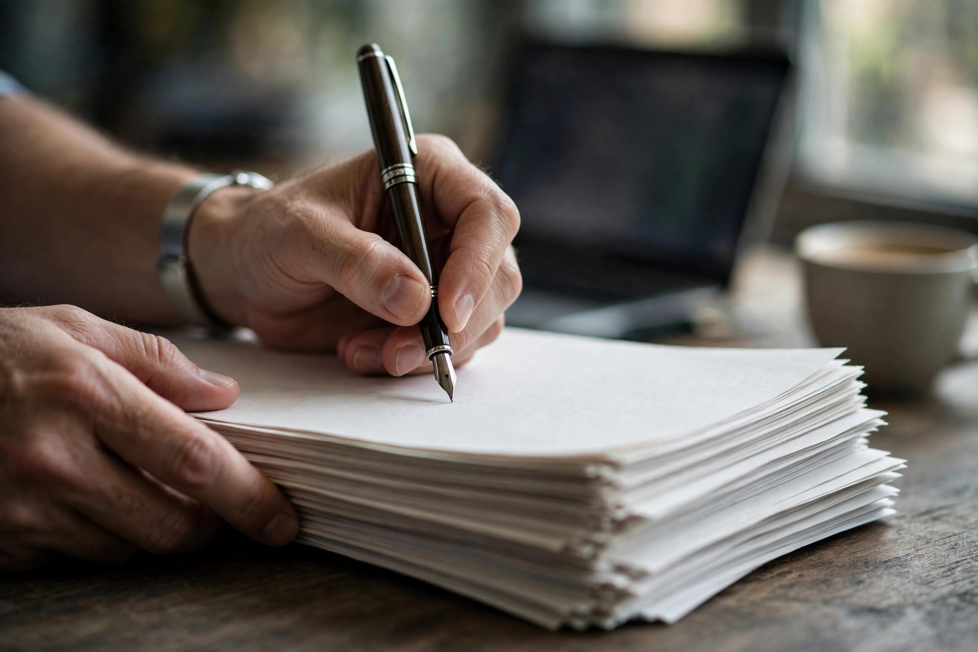 Hands signing employment agreement documents in a warehouse office