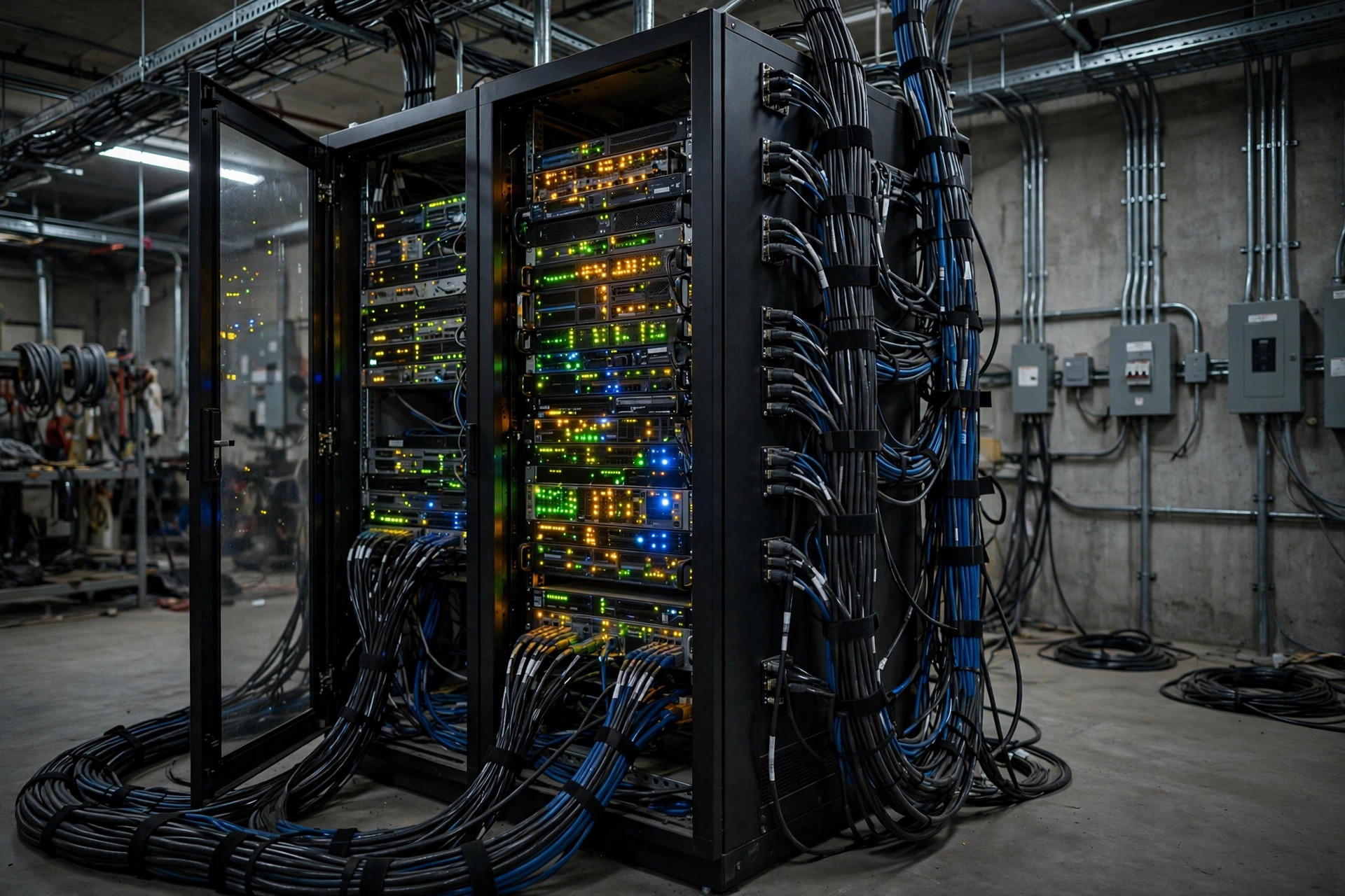 Industrial network cabinet inside a warehouse electrical room