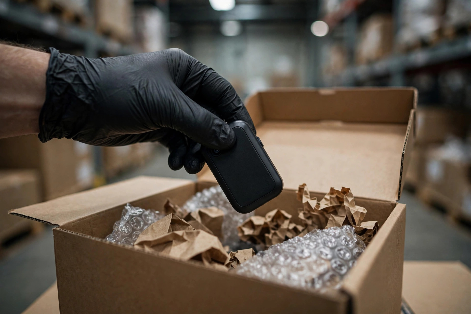 QC inspector opening a carton and lifting a product item for inspection in a warehouse
