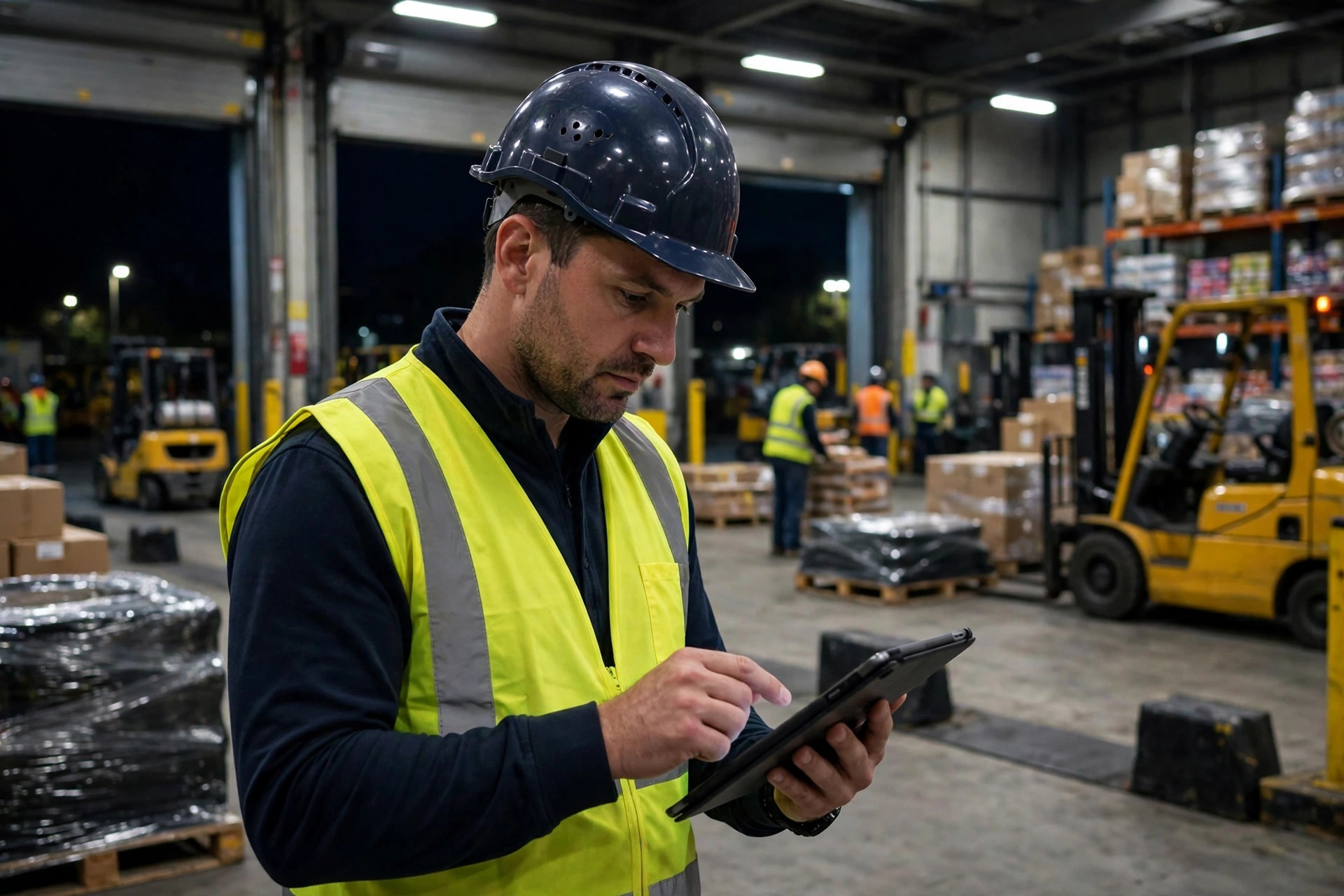 Warehouse supervisor reviewing overtime approval forms with a team lead on the floor