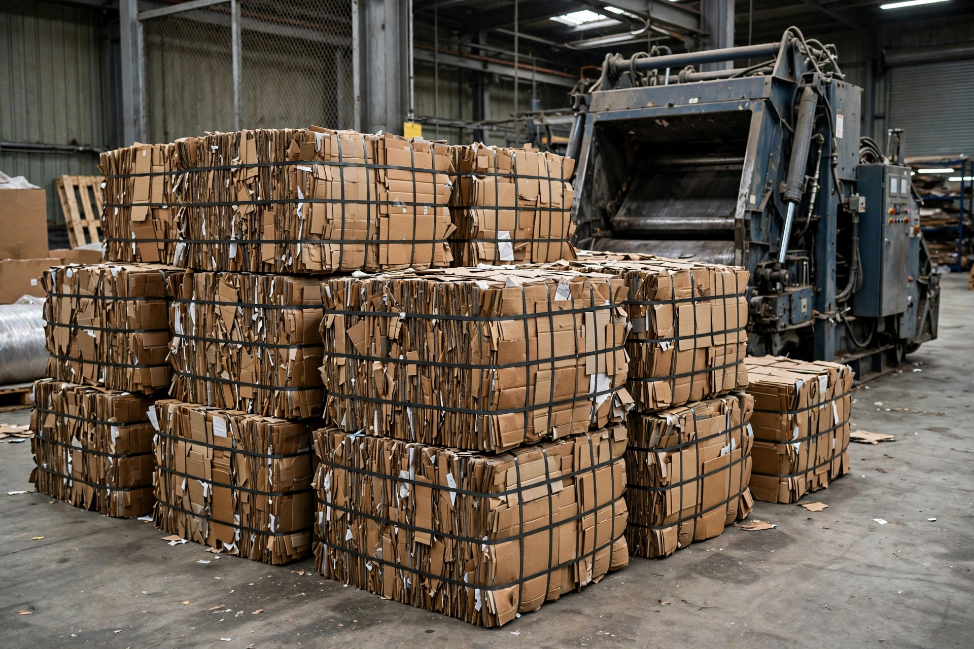 Bales of recycled cardboard in warehouse corner