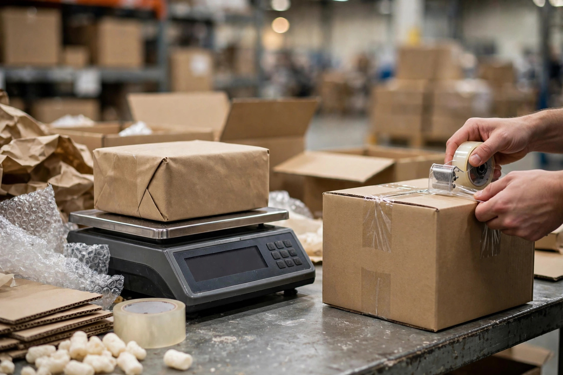 Packing line operating inside a warehouse