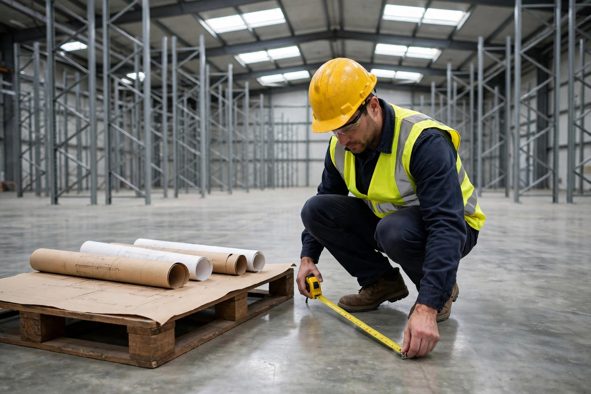 An engineer measuring an empty warehouse floor with a tape measure and blueprints