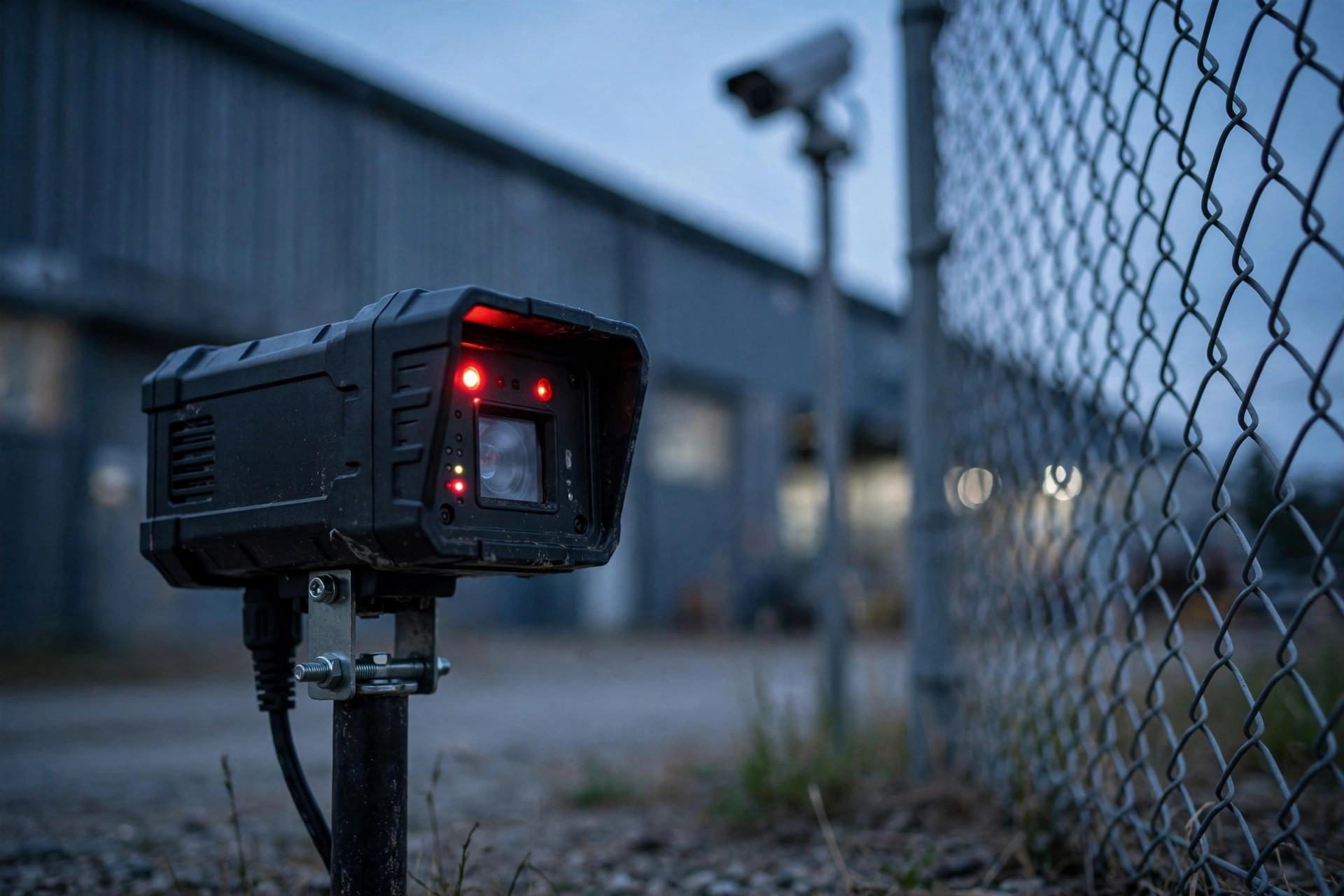 Infrared beam alarm unit mounted by a warehouse chain-link fence at dusk